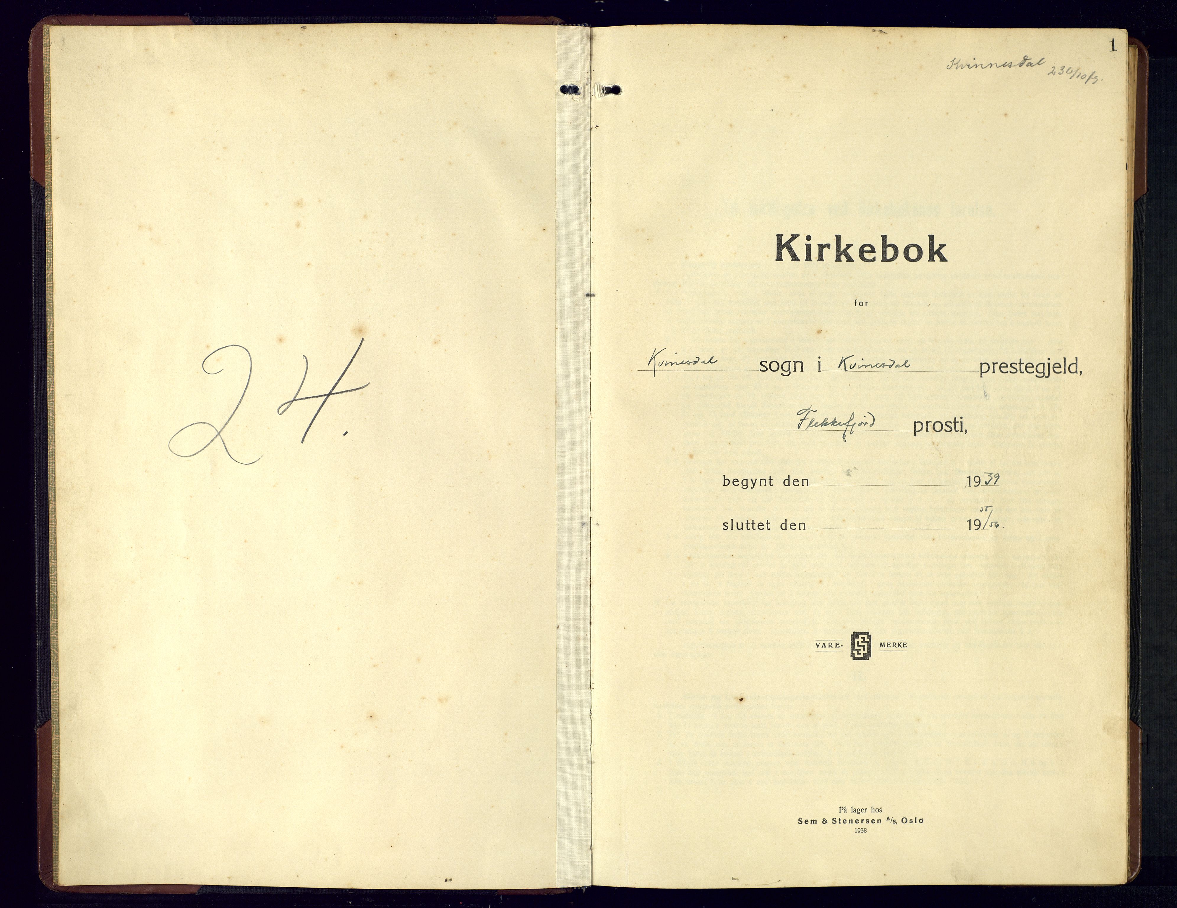 Kvinesdal sokneprestkontor, SAK/1111-0026/F/Fb/Fbb/L0005: Klokkerbok nr. B 5, 1939-1956, s. 1