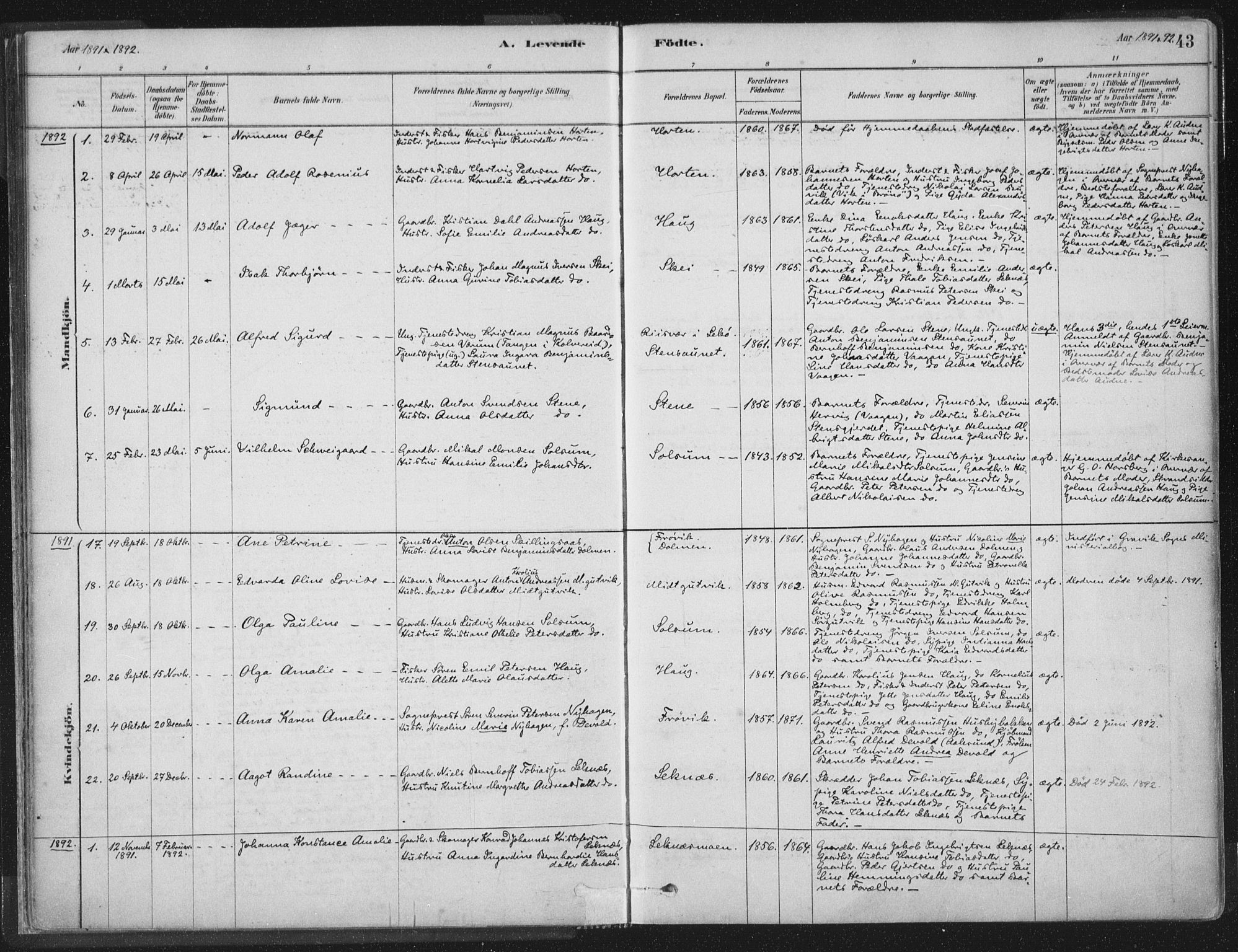 Ministerialprotokoller, klokkerbøker og fødselsregistre - Nord-Trøndelag, AV/SAT-A-1458/788/L0697: Ministerialbok nr. 788A04, 1878-1902, s. 43