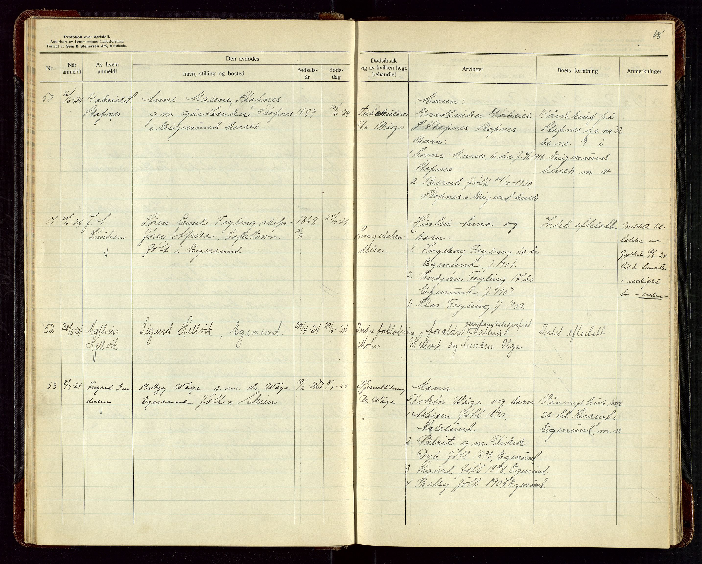 Eigersund lensmannskontor, SAST/A-100171/Gga/L0009: "Protokoll over anmeldte dødsfall" m/alfabetisk navneregister, 1922-1926, s. 18