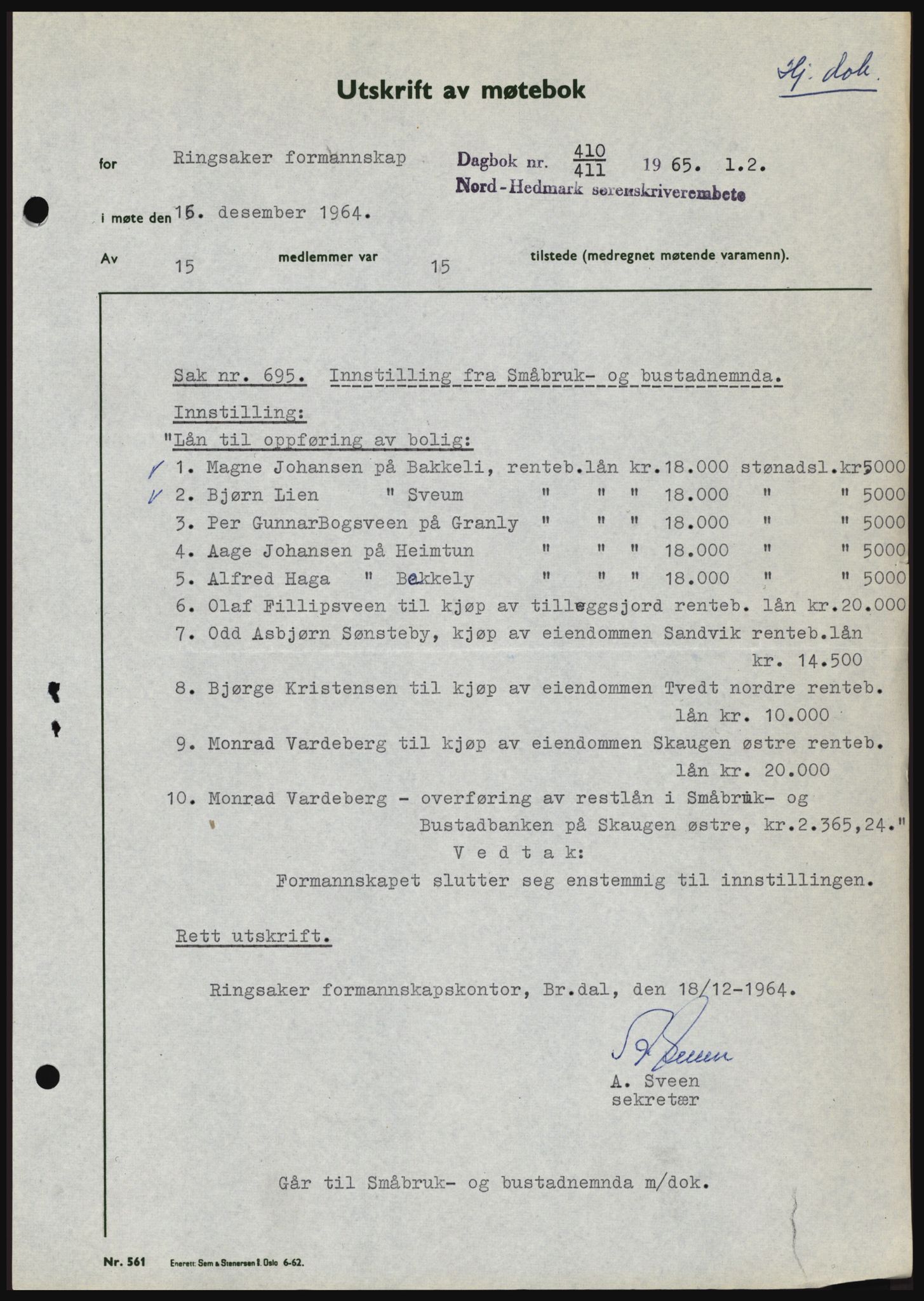 Nord-Hedmark sorenskriveri, SAH/TING-012/H/Hc/L0021: Pantebok nr. 21, 1964-1965, Dagboknr: 411/1965