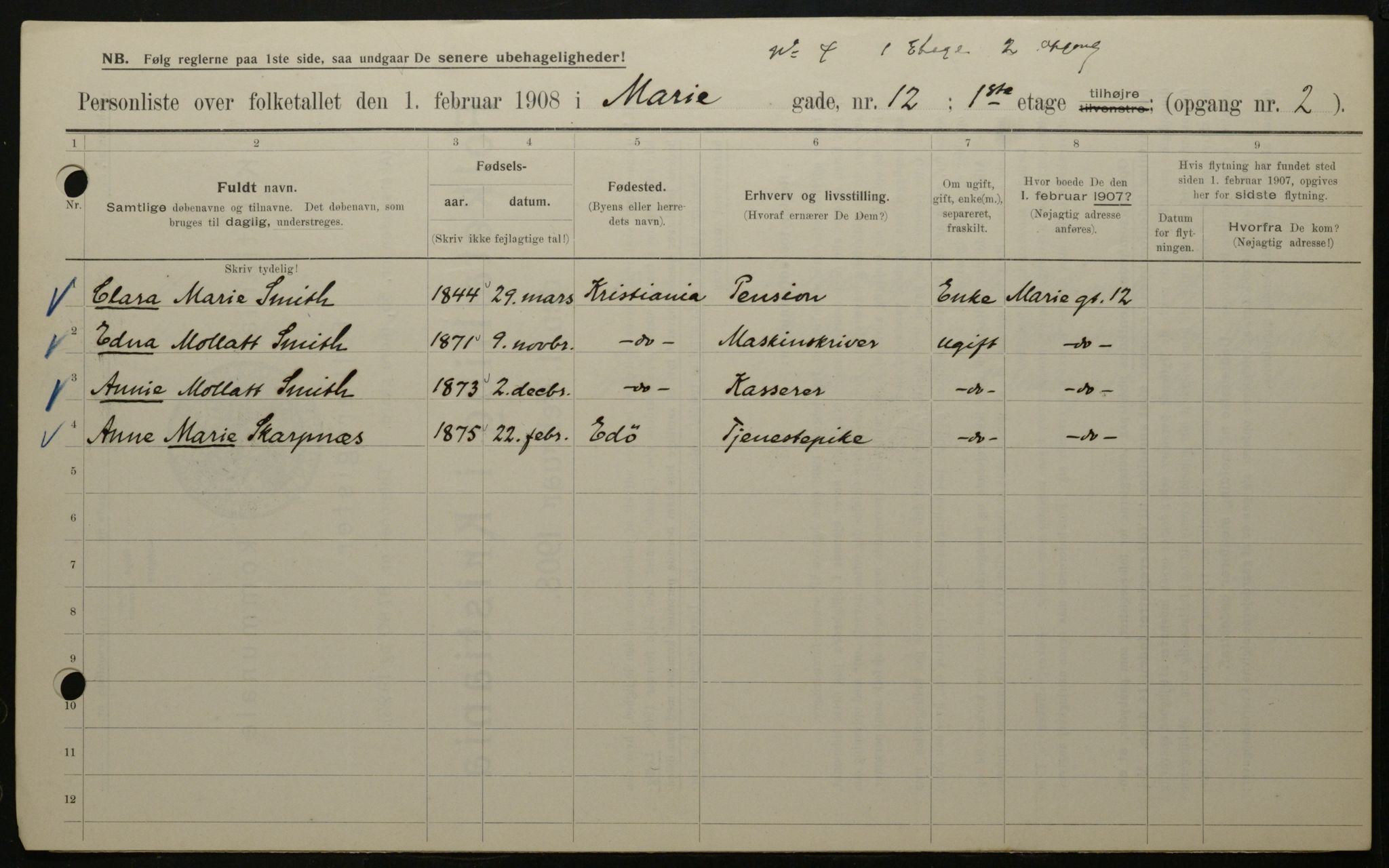 OBA, Kommunal folketelling 1.2.1908 for Kristiania kjøpstad, 1908, s. 56423