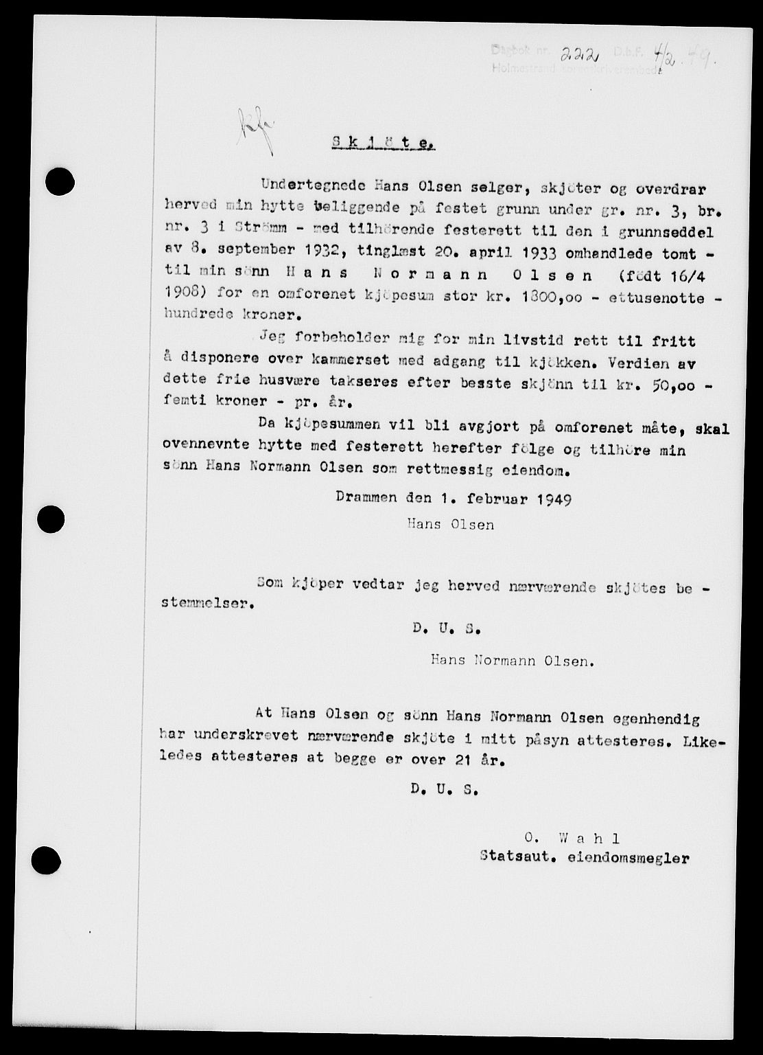 Holmestrand sorenskriveri, SAKO/A-67/G/Ga/Gaa/L0065: Pantebok nr. A-65, 1948-1949, Dagboknr: 222/1949