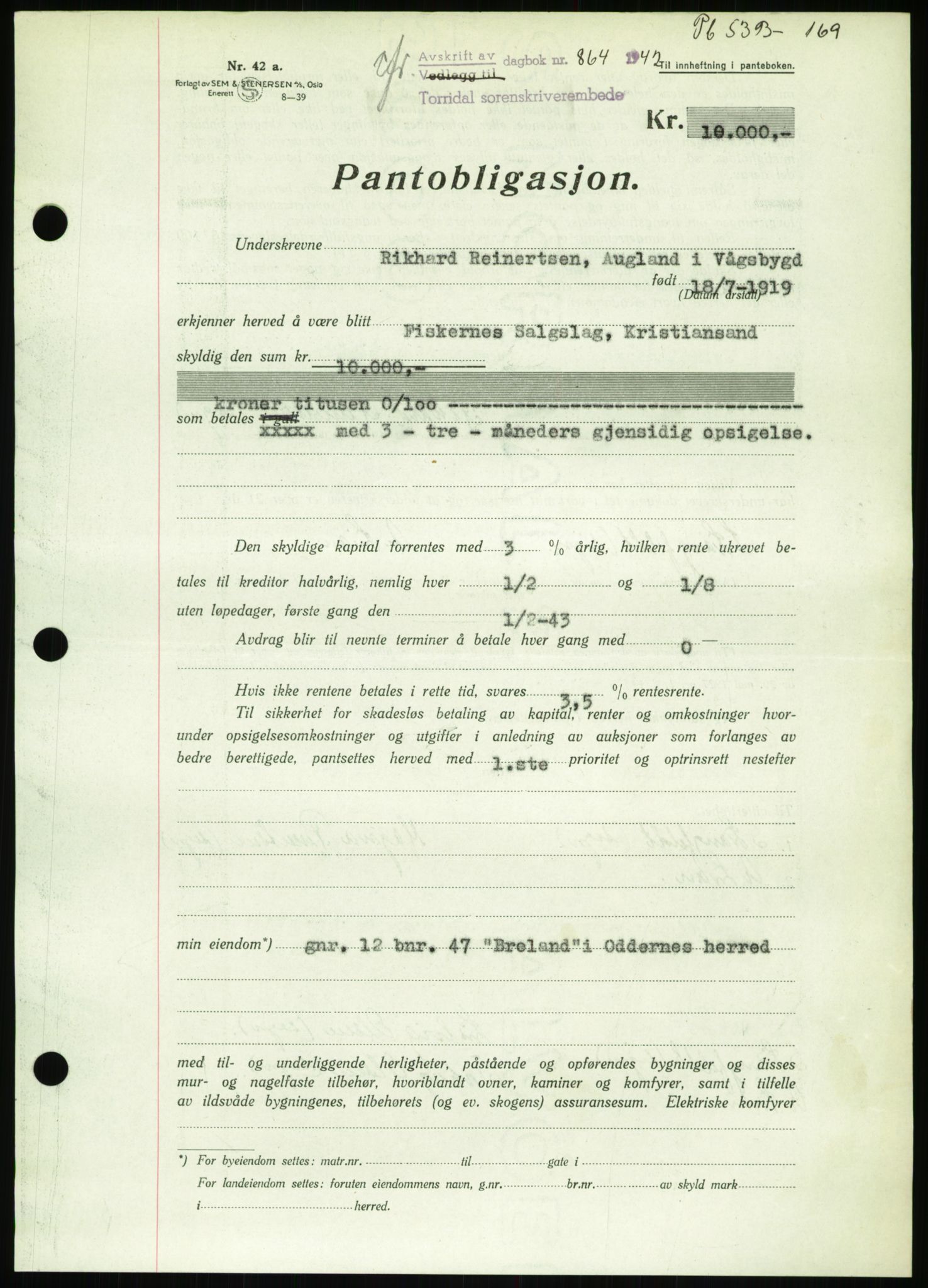 Torridal sorenskriveri, SAK/1221-0012/G/Gb/Gbb/L0009: Pantebok nr. 53b, 1942-1943, Dagboknr: 864/1942