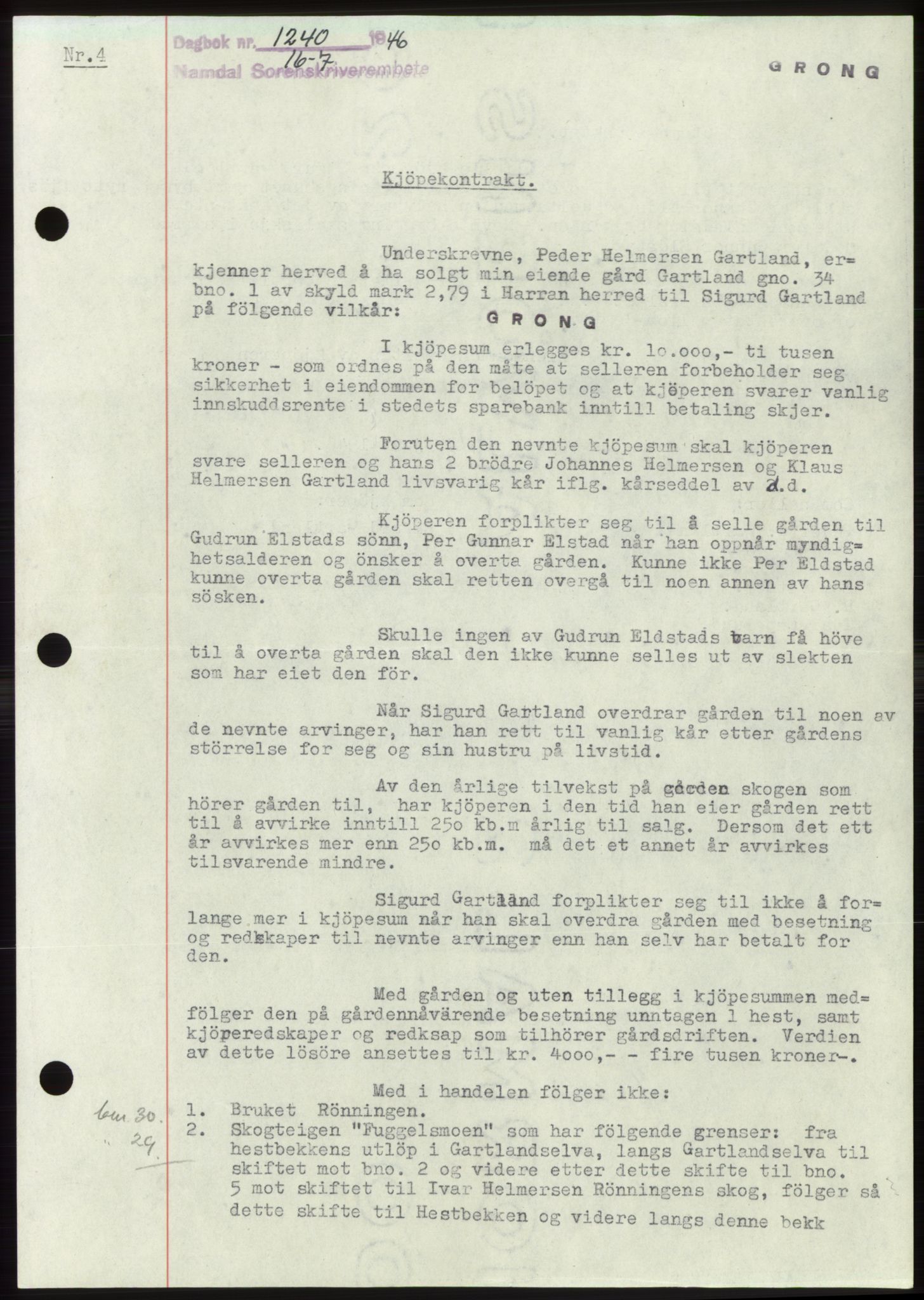 Namdal sorenskriveri, SAT/A-4133/1/2/2C: Pantebok nr. -, 1946-1946, Dagboknr: 1240/1946