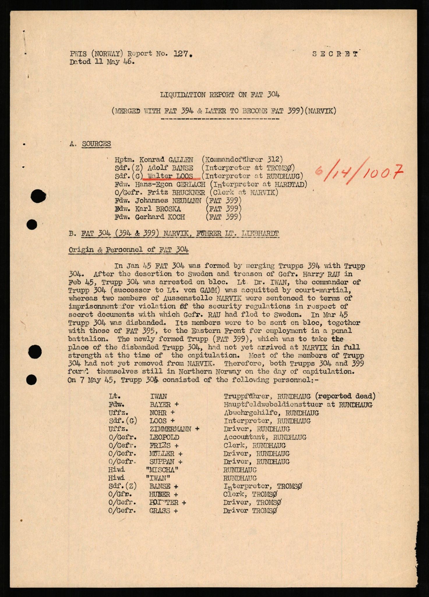 Forsvaret, Forsvarets overkommando II, RA/RAFA-3915/D/Db/L0020: CI Questionaires. Tyske okkupasjonsstyrker i Norge. Tyskere., 1945-1946, s. 311