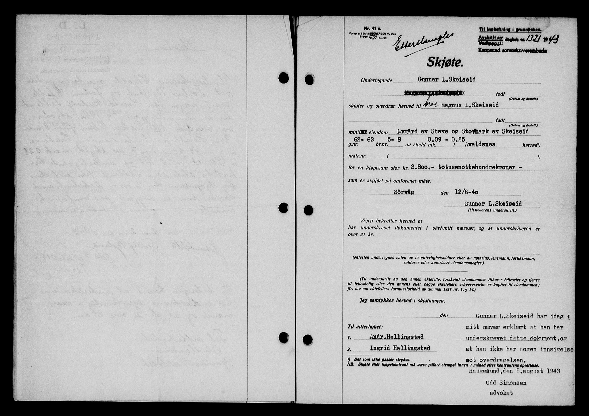 Karmsund sorenskriveri, SAST/A-100311/01/II/IIB/L0080: Pantebok nr. 61A, 1943-1943, Dagboknr: 1321/1943