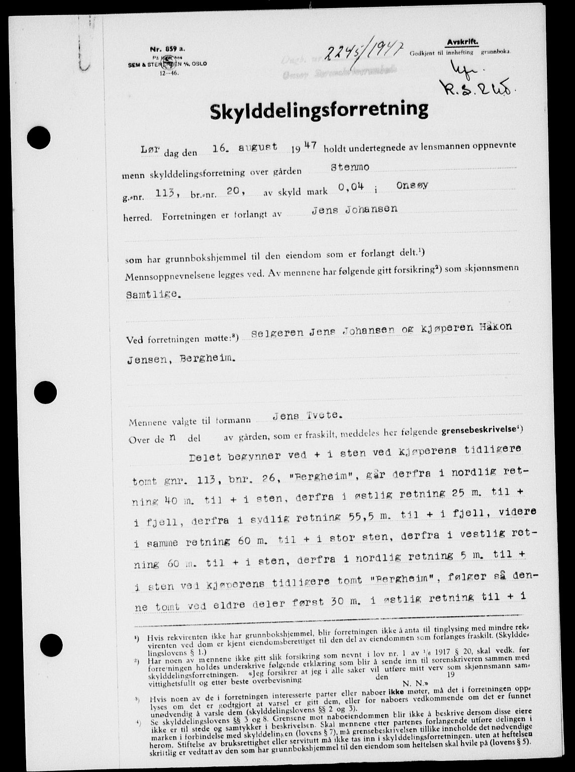 Onsøy sorenskriveri, SAO/A-10474/G/Ga/Gab/L0021: Pantebok nr. II A-21, 1947-1947, Dagboknr: 2245/1947