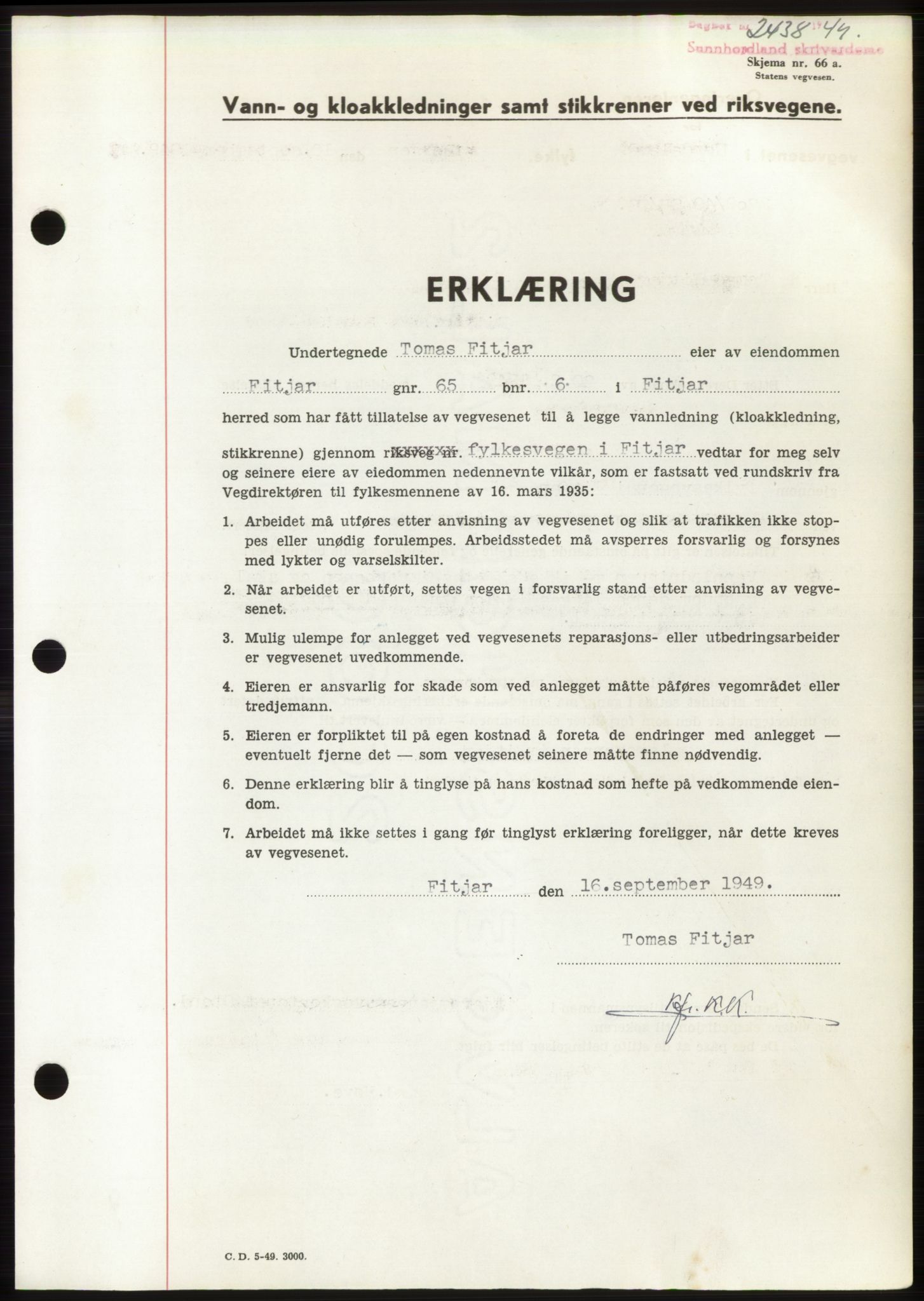 Sunnhordland sorenskrivar, AV/SAB-A-2401: Pantebok nr. B75-79, 1948-1950, Dagboknr: 2438/1949