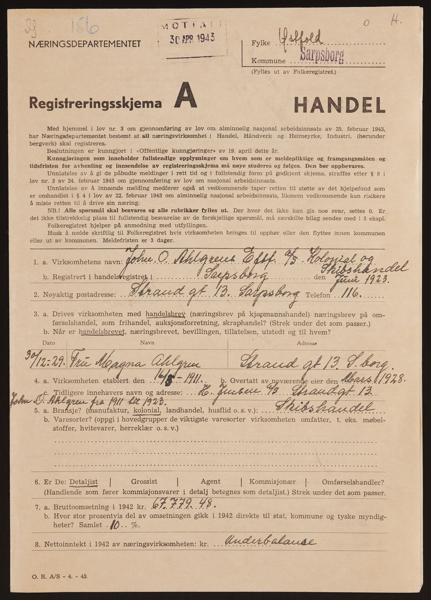 Sarpsborg folkeregister, SAO/A-10231/O/Ob/L0005: Utfylte registreringsskjemaer, 1943