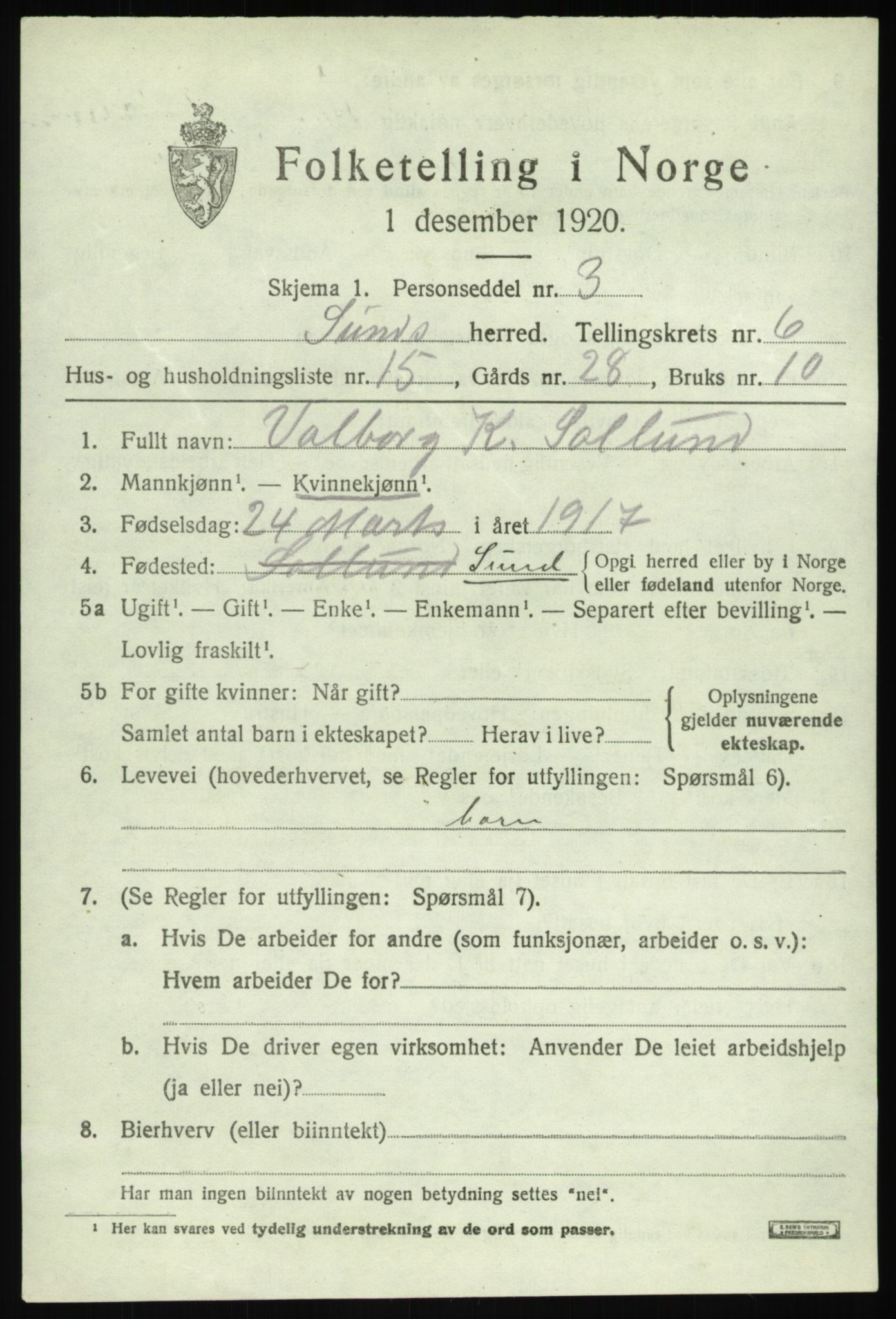 SAB, Folketelling 1920 for 1245 Sund herred, 1920, s. 4069