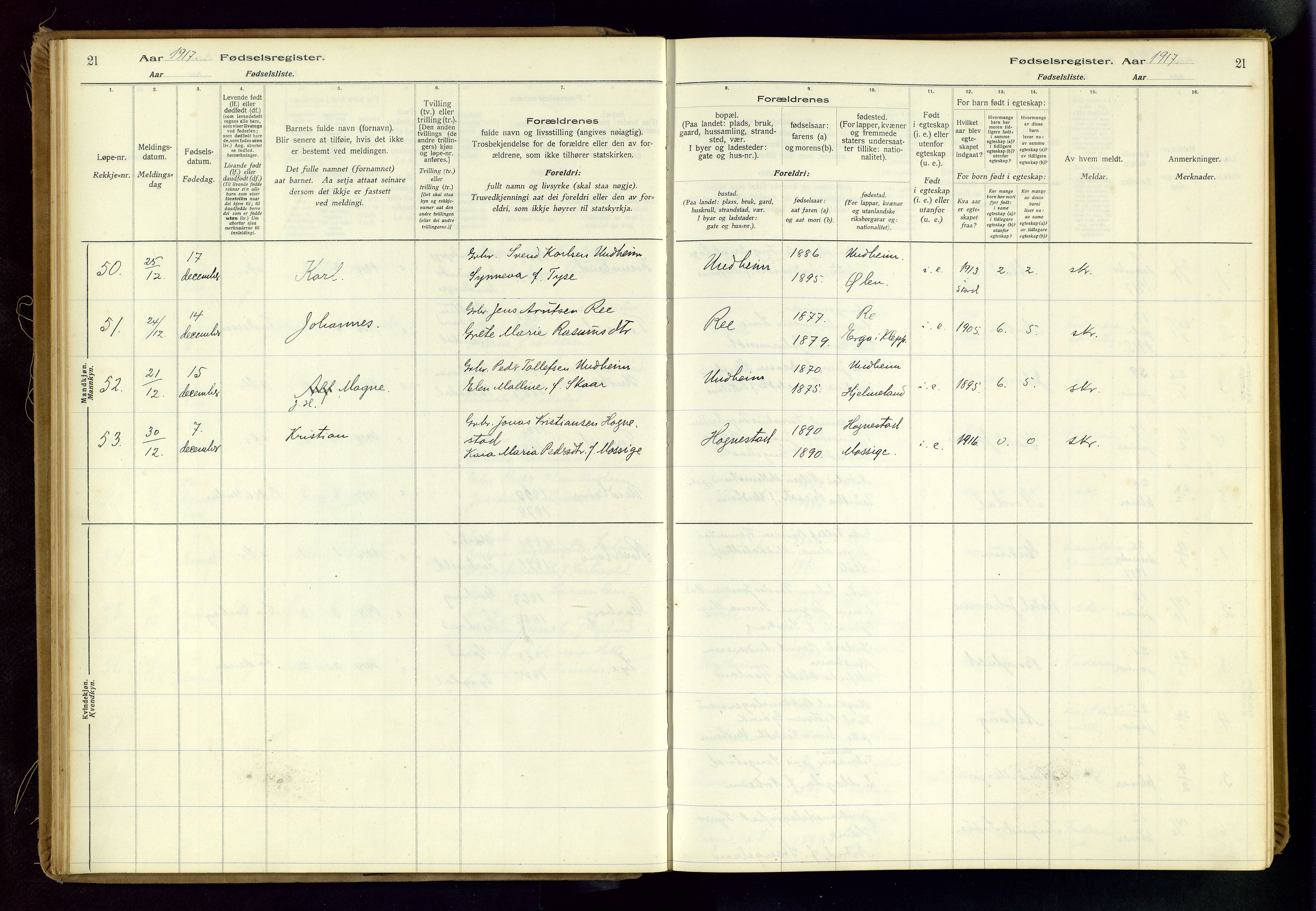 Time sokneprestkontor, AV/SAST-A-101795/001/704BA/L0001: Fødselsregister nr. 1, 1916-1934, s. 21