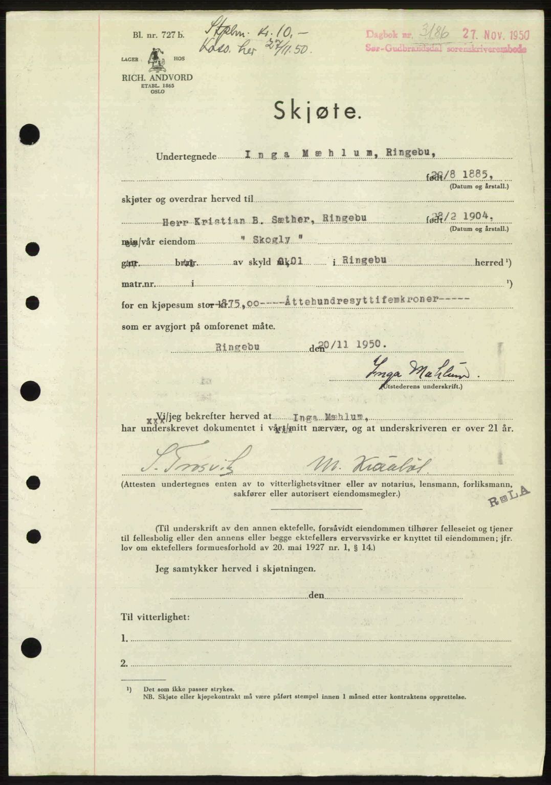 Sør-Gudbrandsdal tingrett, SAH/TING-004/H/Hb/Hbd/L0029: Pantebok nr. A29, 1950-1950, Dagboknr: 3186/1950