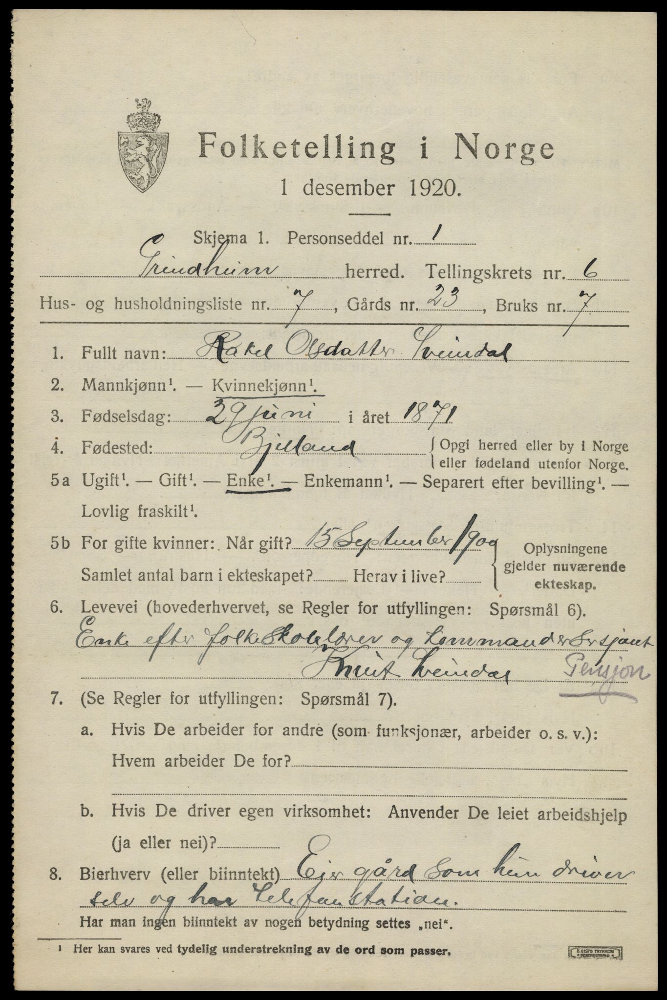 SAK, Folketelling 1920 for 1025 Grindheim herred, 1920, s. 1911