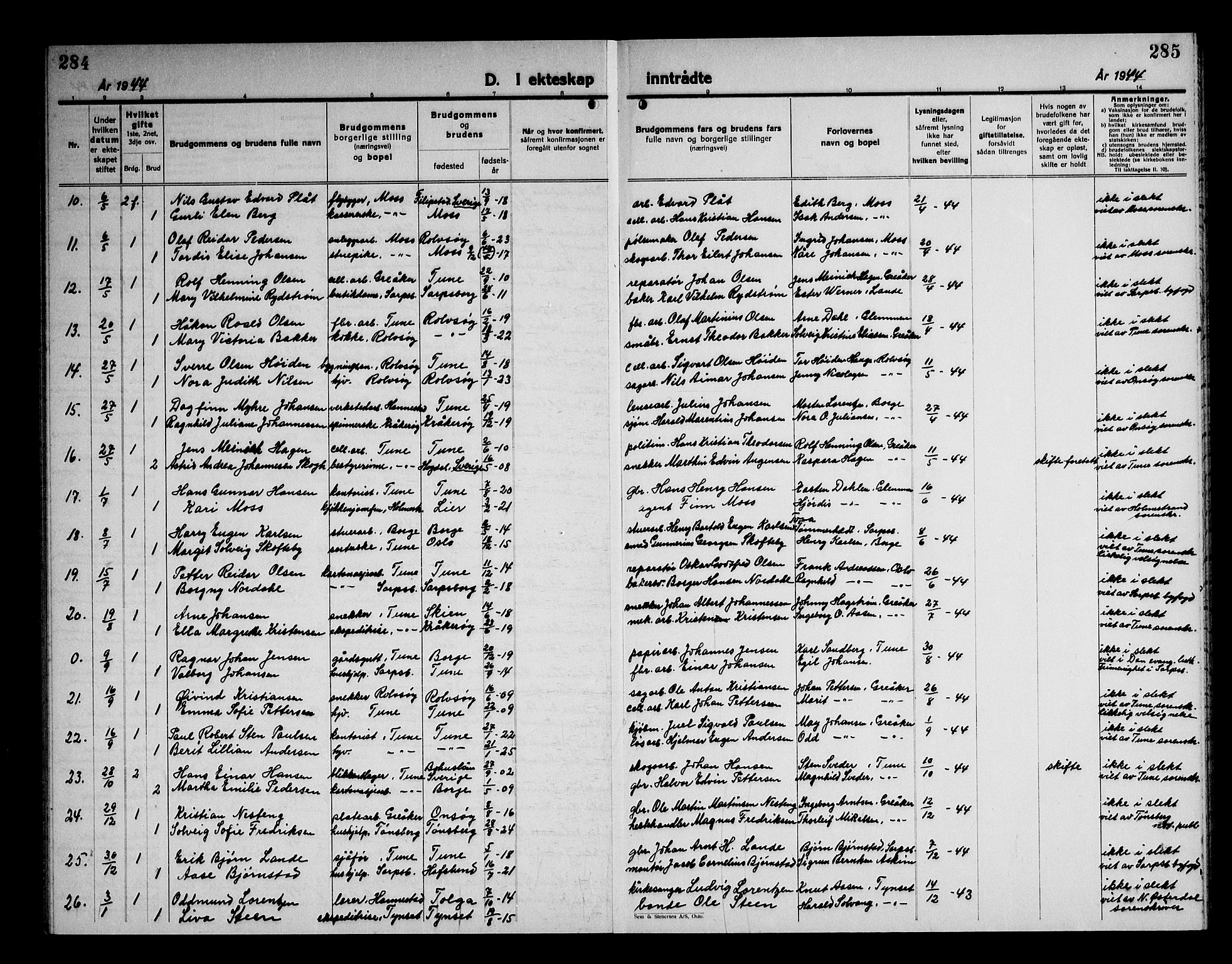 Tune prestekontor Kirkebøker, AV/SAO-A-2007/G/Gc/L0002: Klokkerbok nr. III 2, 1931-1945, s. 284-285