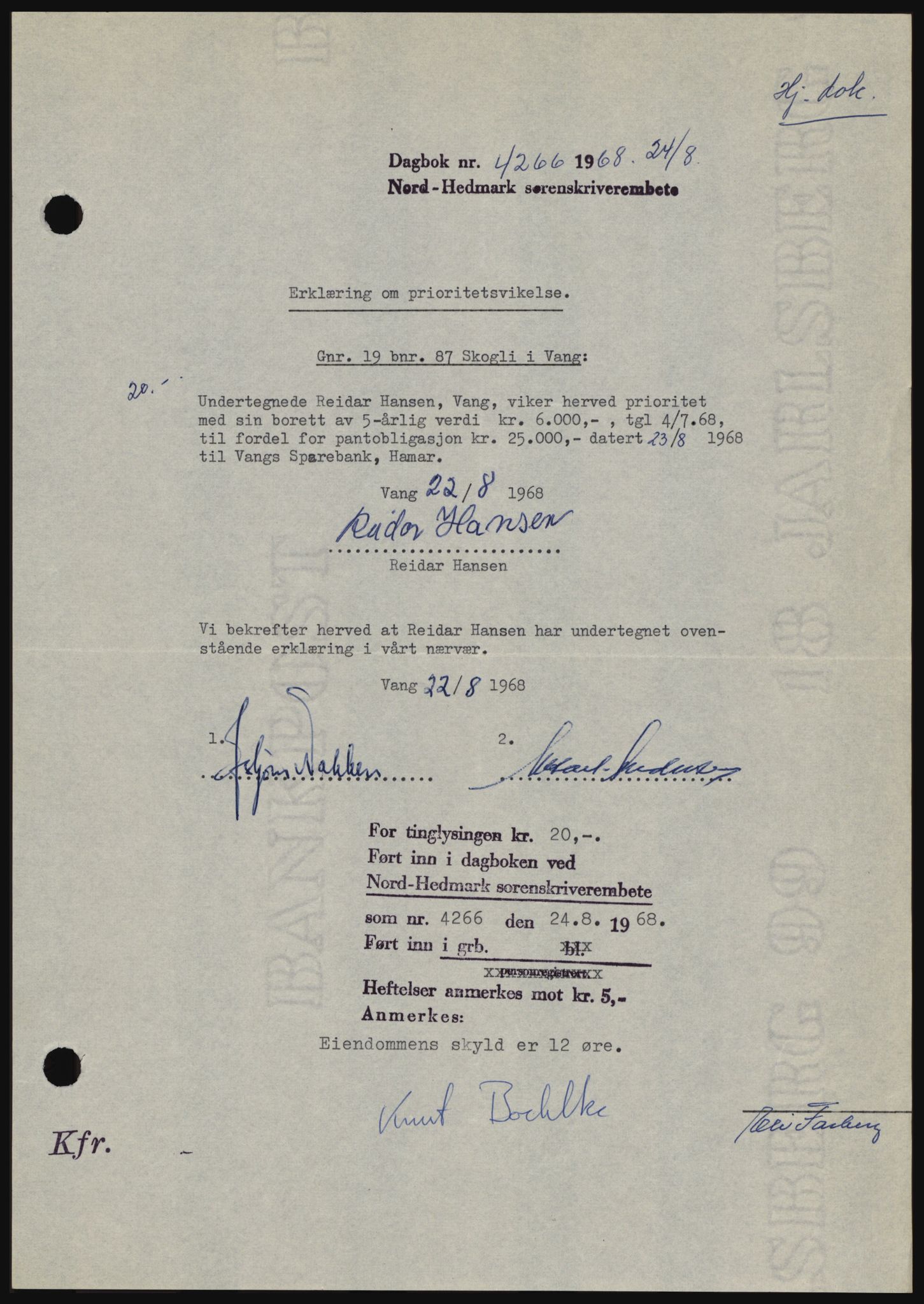 Nord-Hedmark sorenskriveri, AV/SAH-TING-012/H/Hc/L0028: Pantebok nr. 28, 1968-1968, Dagboknr: 4266/1968