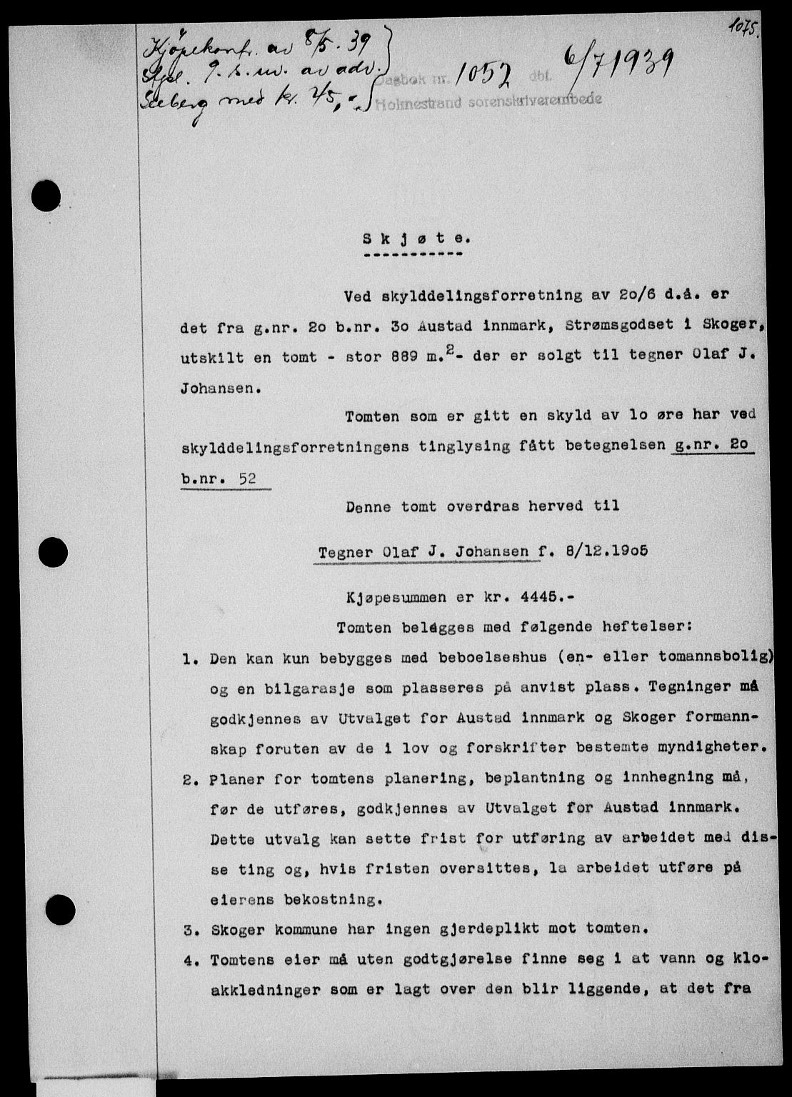 Holmestrand sorenskriveri, SAKO/A-67/G/Ga/Gaa/L0050: Pantebok nr. A-50, 1938-1939, Dagboknr: 1052/1939