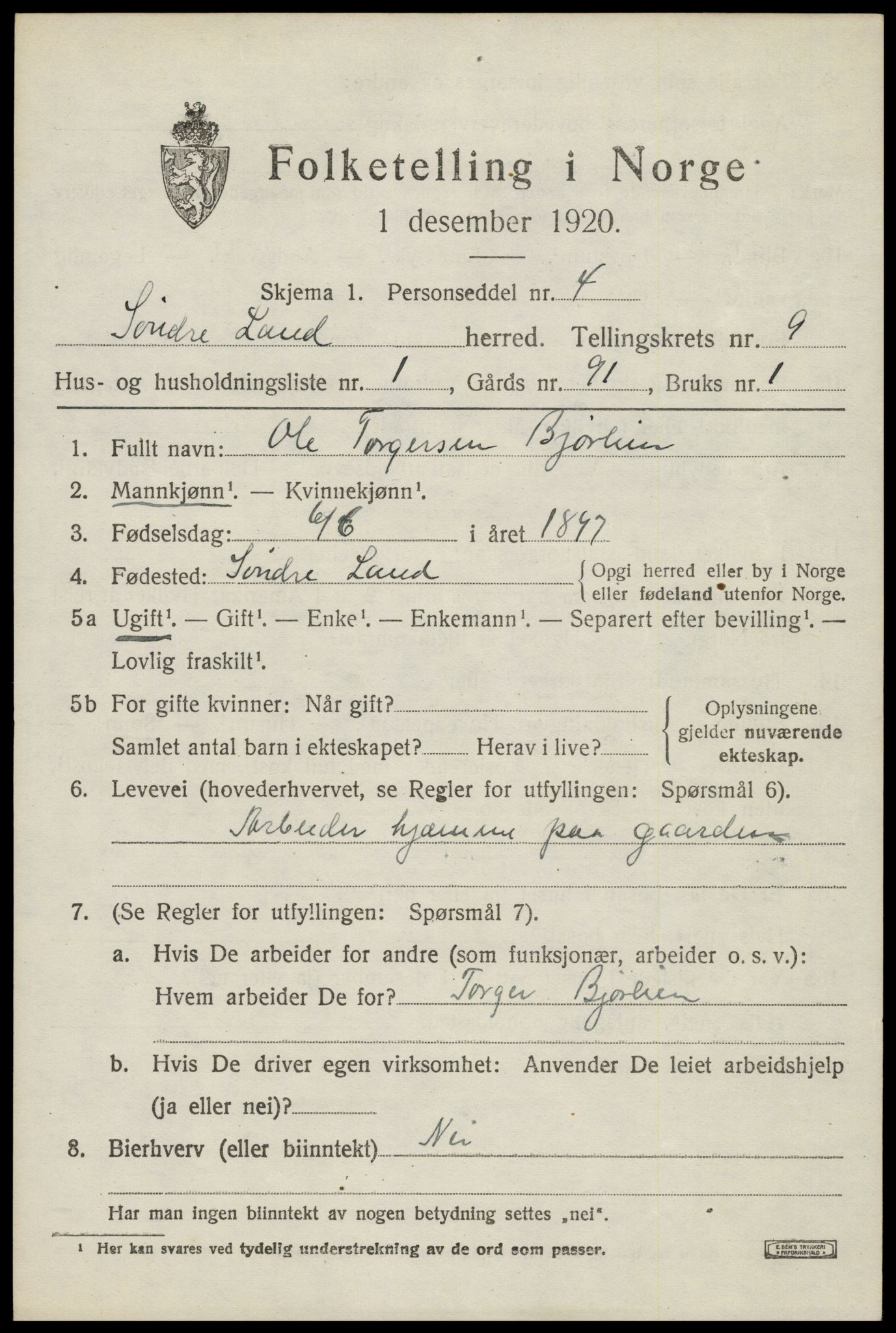 SAH, Folketelling 1920 for 0536 Søndre Land herred, 1920, s. 8185