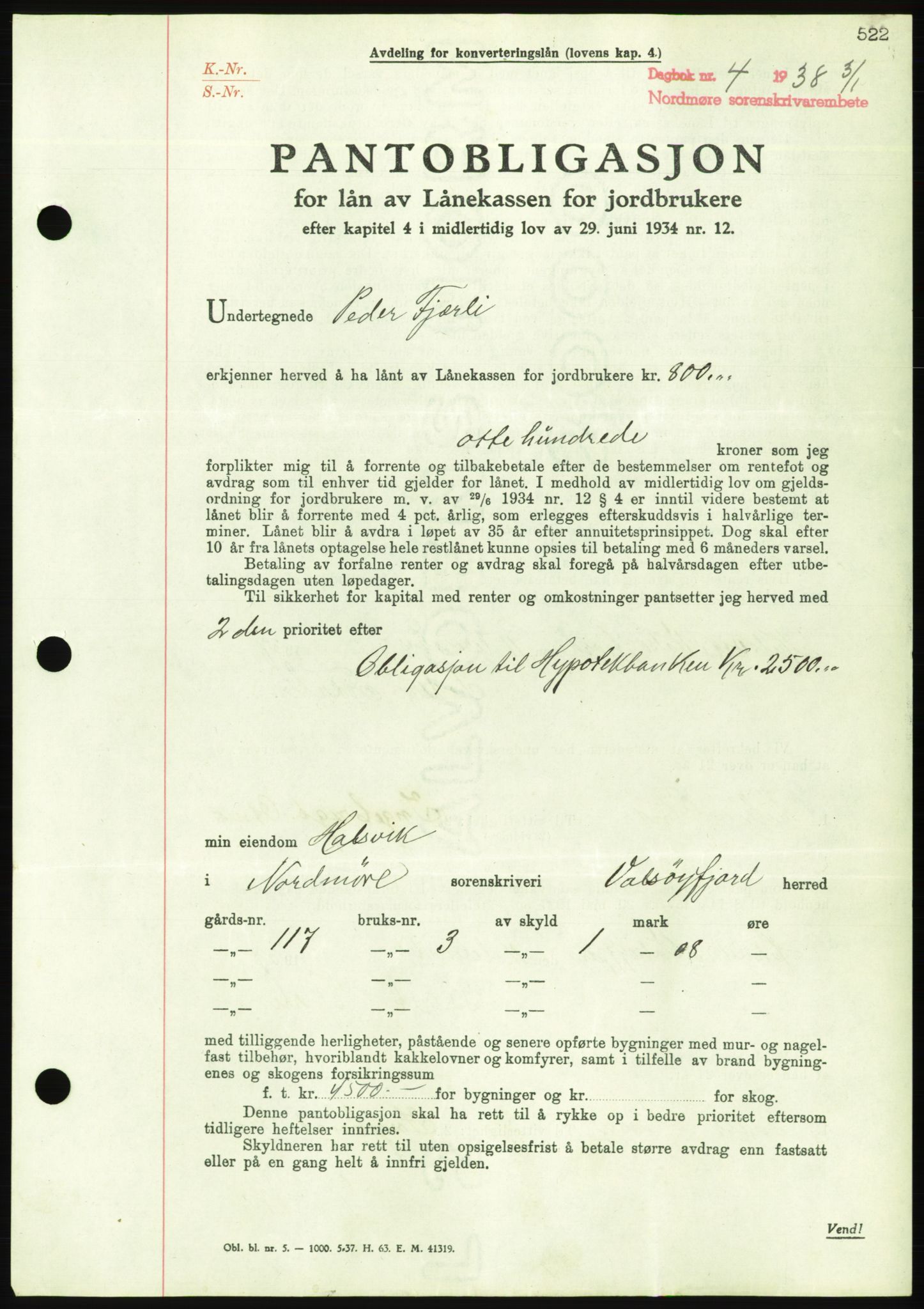 Nordmøre sorenskriveri, AV/SAT-A-4132/1/2/2Ca/L0092: Pantebok nr. B82, 1937-1938, Dagboknr: 4/1938