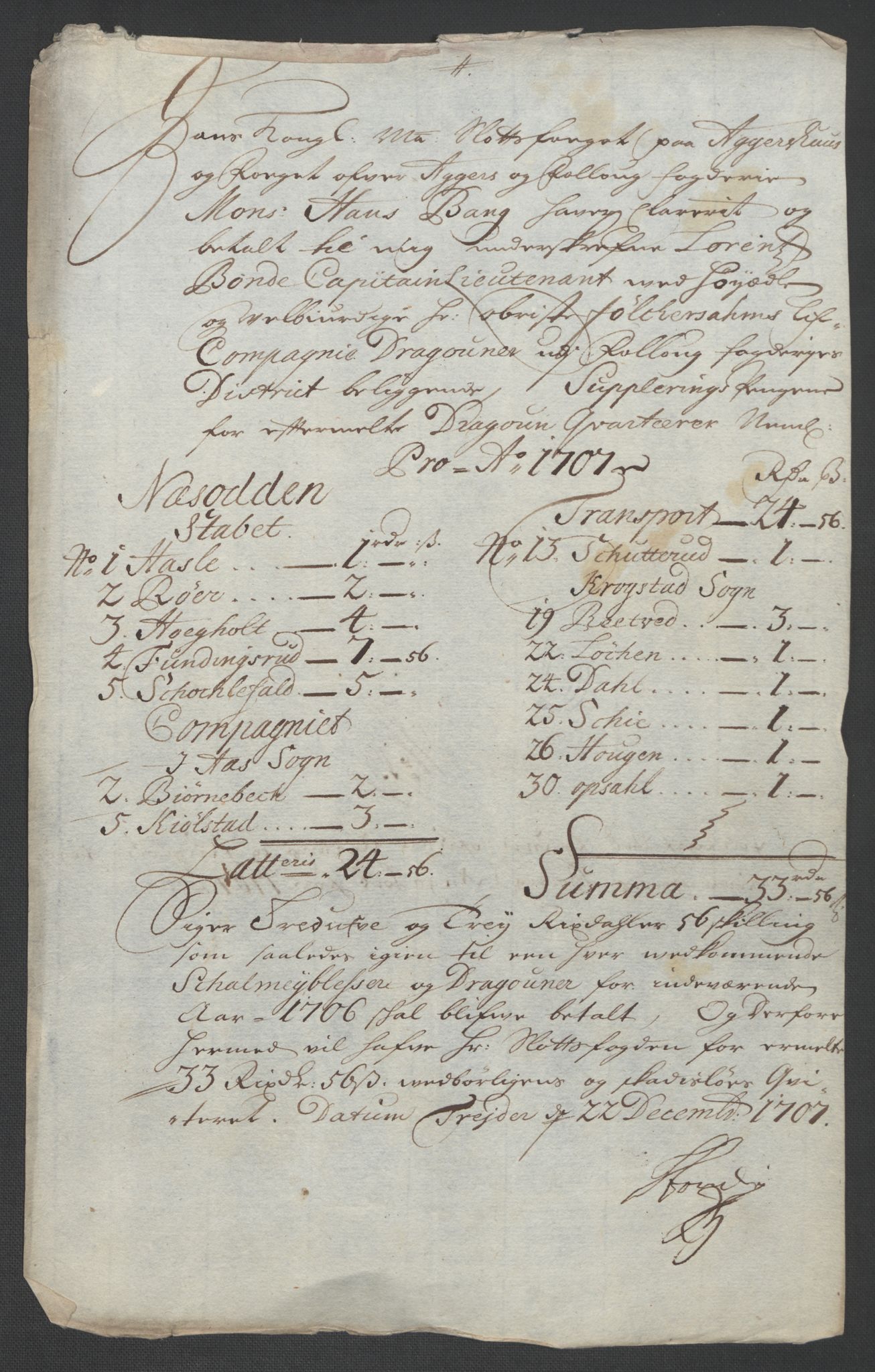 Rentekammeret inntil 1814, Reviderte regnskaper, Fogderegnskap, AV/RA-EA-4092/R10/L0447: Fogderegnskap Aker og Follo, 1707-1709, s. 150