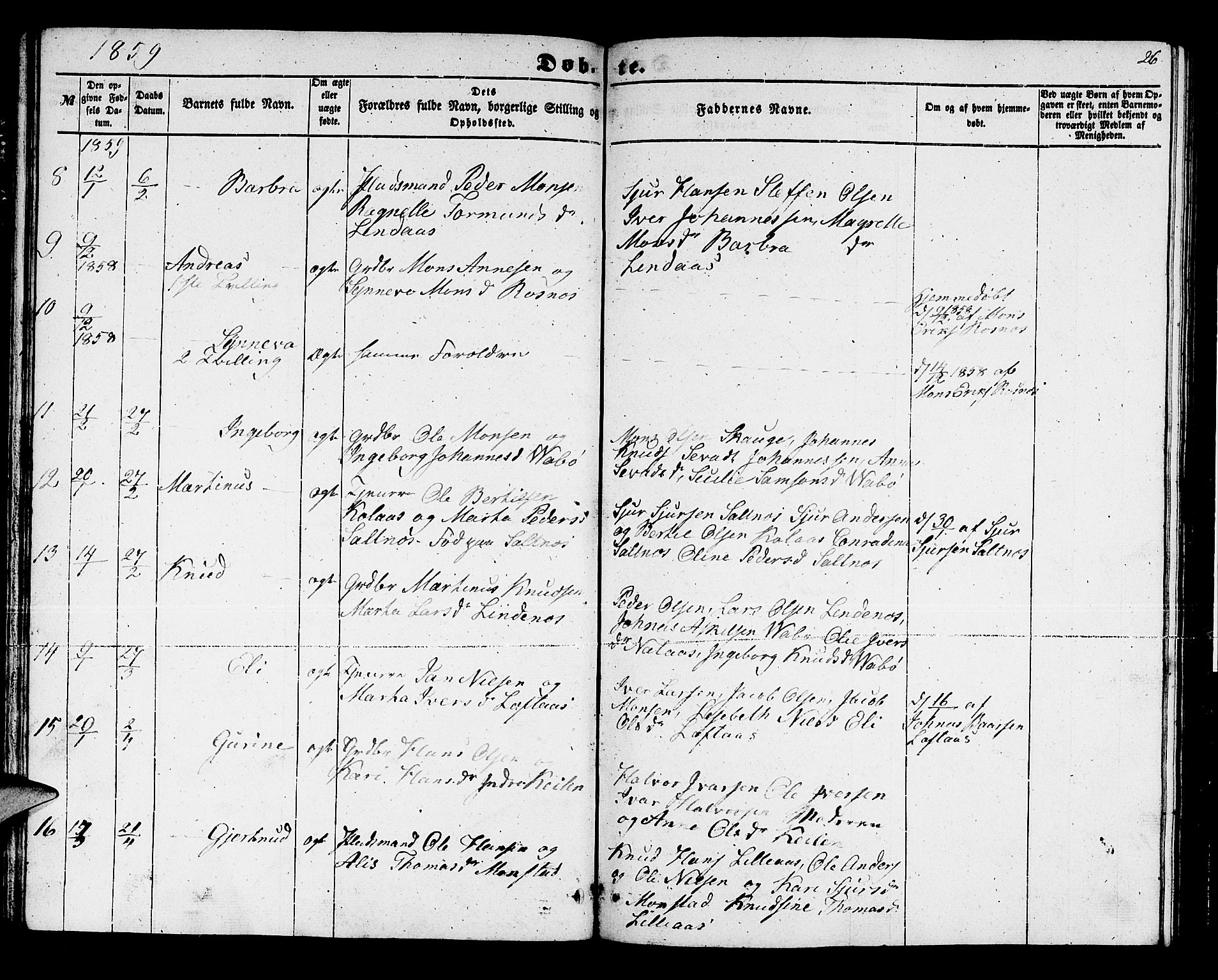 Lindås Sokneprestembete, AV/SAB-A-76701/H/Hab/Habb/L0001: Klokkerbok nr. B 1, 1853-1866, s. 26