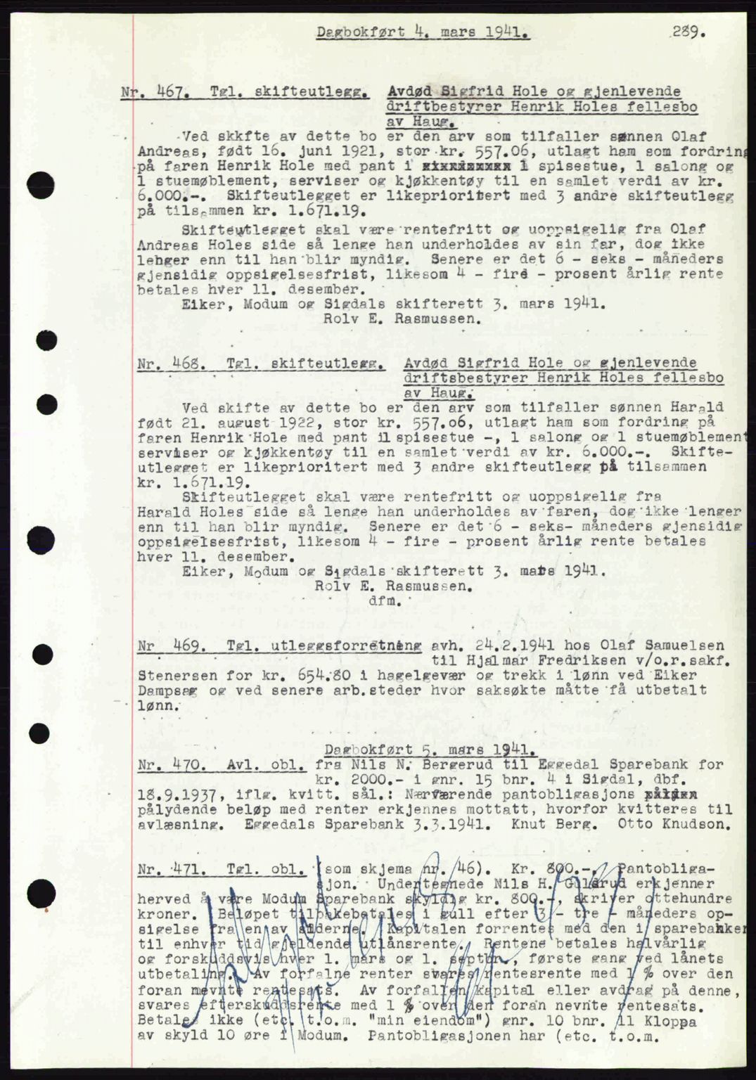 Eiker, Modum og Sigdal sorenskriveri, SAKO/A-123/G/Ga/Gab/L0043: Pantebok nr. A13, 1940-1941, Dagboknr: 467/1941