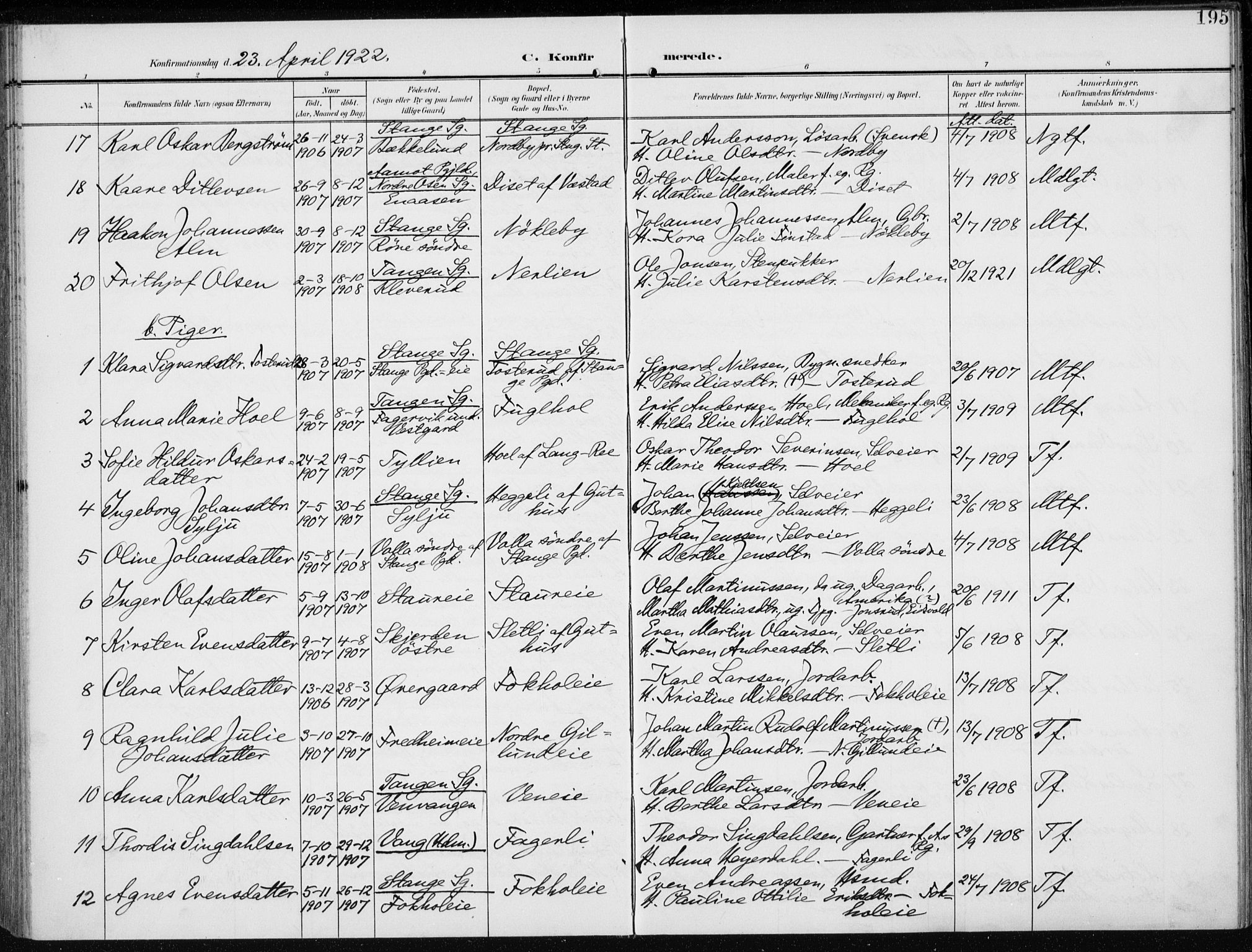 Stange prestekontor, AV/SAH-PREST-002/K/L0024: Ministerialbok nr. 24, 1906-1922, s. 195