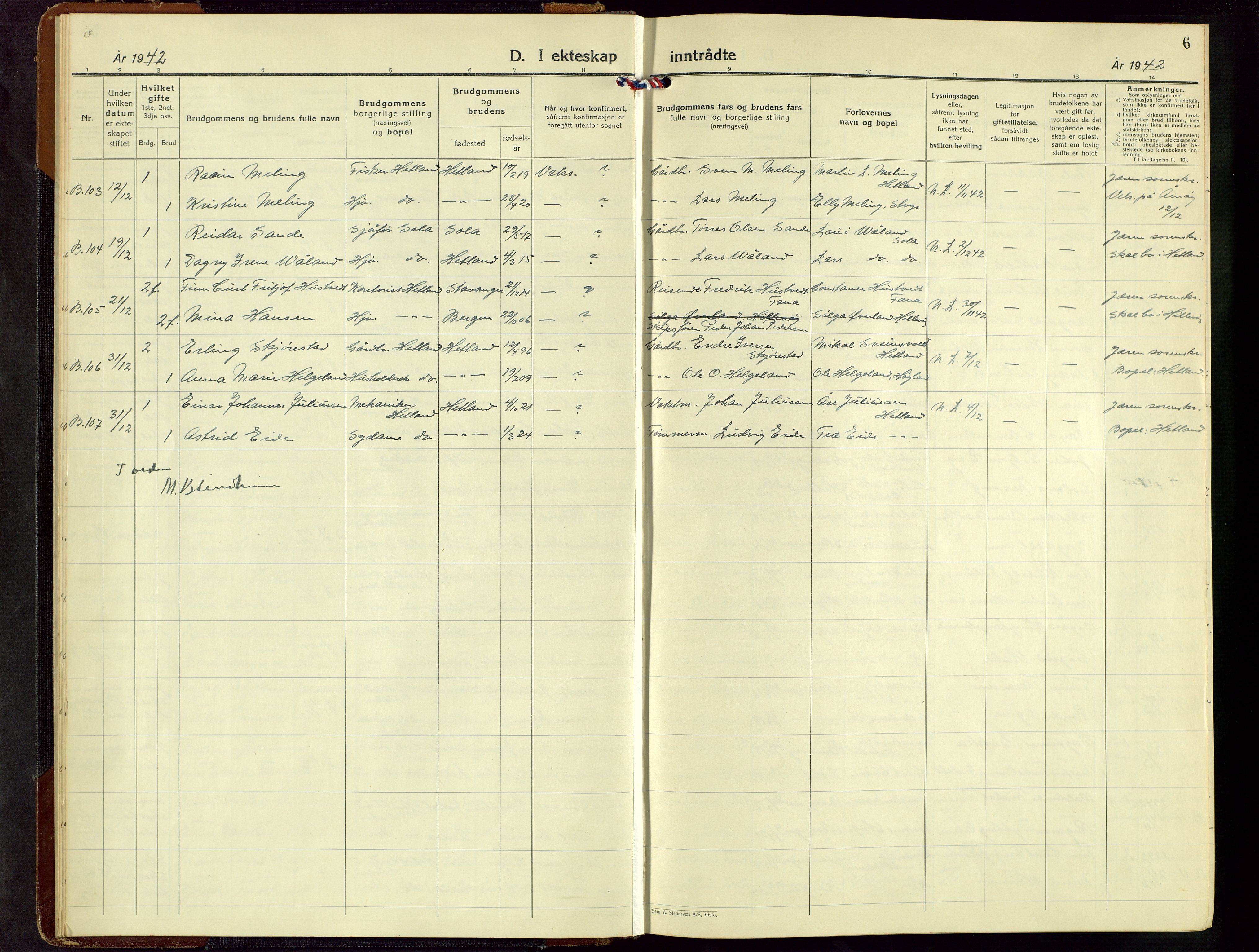 Hetland sokneprestkontor, AV/SAST-A-101826/30/30BB/L0016: Klokkerbok nr. B 16, 1942-1960, s. 6