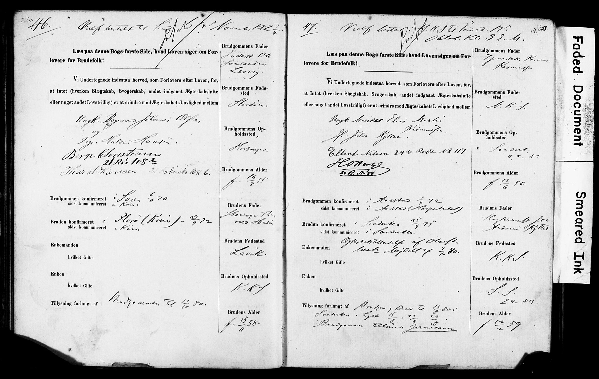 Korskirken sokneprestembete, AV/SAB-A-76101: Forlovererklæringer nr. II.5.5, 1878-1889, s. 58