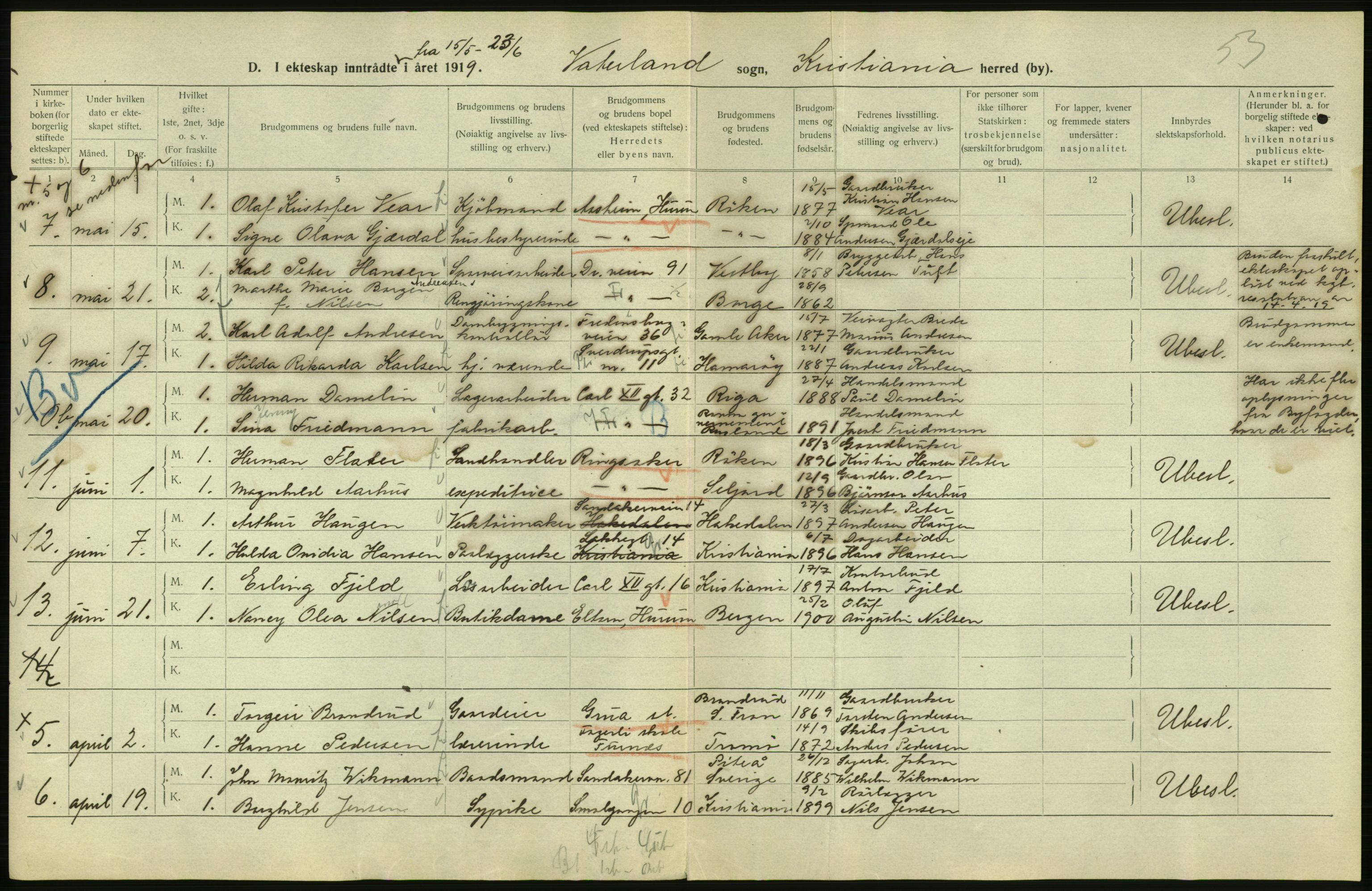 Statistisk sentralbyrå, Sosiodemografiske emner, Befolkning, AV/RA-S-2228/D/Df/Dfb/Dfbi/L0009: Kristiania: Gifte, 1919, s. 830