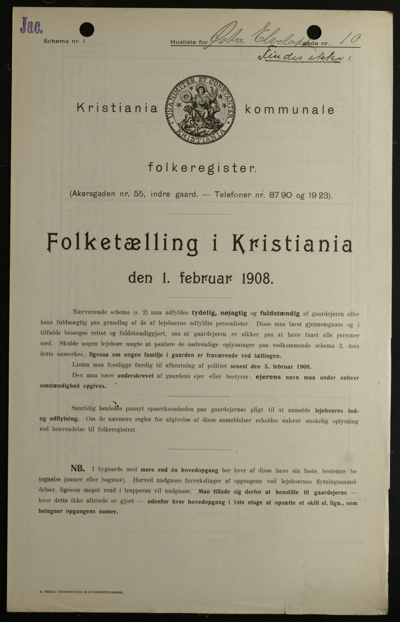 OBA, Kommunal folketelling 1.2.1908 for Kristiania kjøpstad, 1908, s. 116186