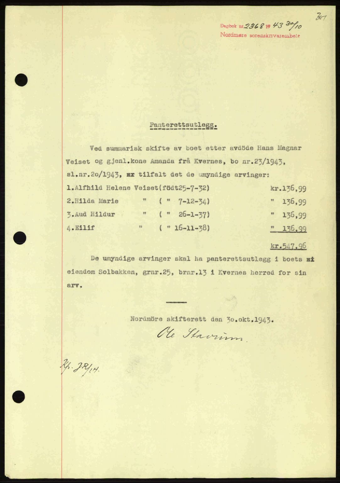 Nordmøre sorenskriveri, AV/SAT-A-4132/1/2/2Ca: Pantebok nr. B91, 1943-1944, Dagboknr: 2368/1943