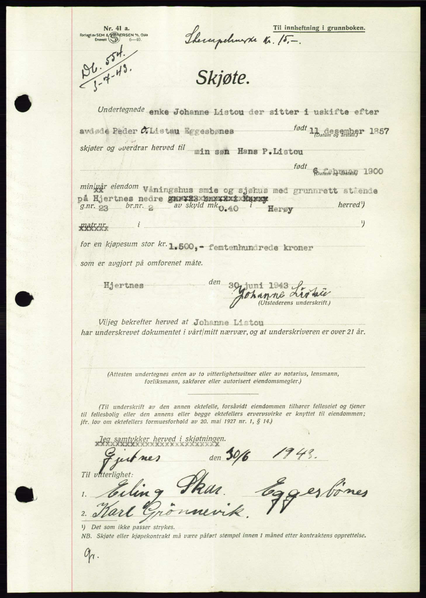 Søre Sunnmøre sorenskriveri, AV/SAT-A-4122/1/2/2C/L0075: Pantebok nr. 1A, 1943-1943, Dagboknr: 554/1943