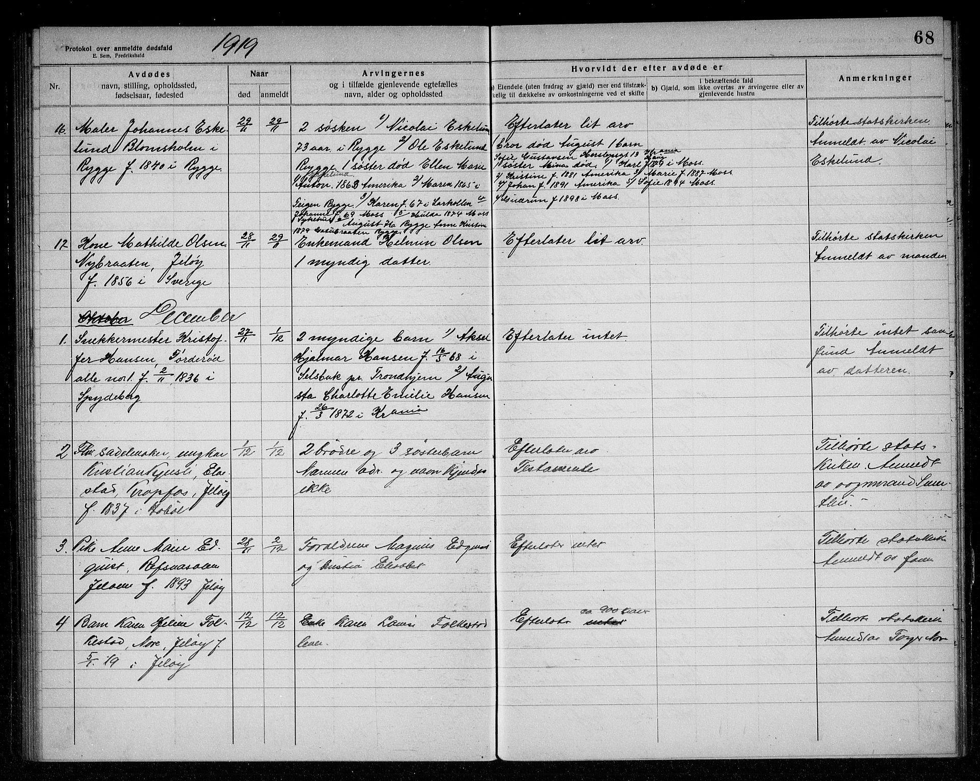 Rygge lensmannskontor, AV/SAO-A-10005/H/Ha/Haa/L0006: Dødsfallsprotokoll, 1916-1920, s. 68