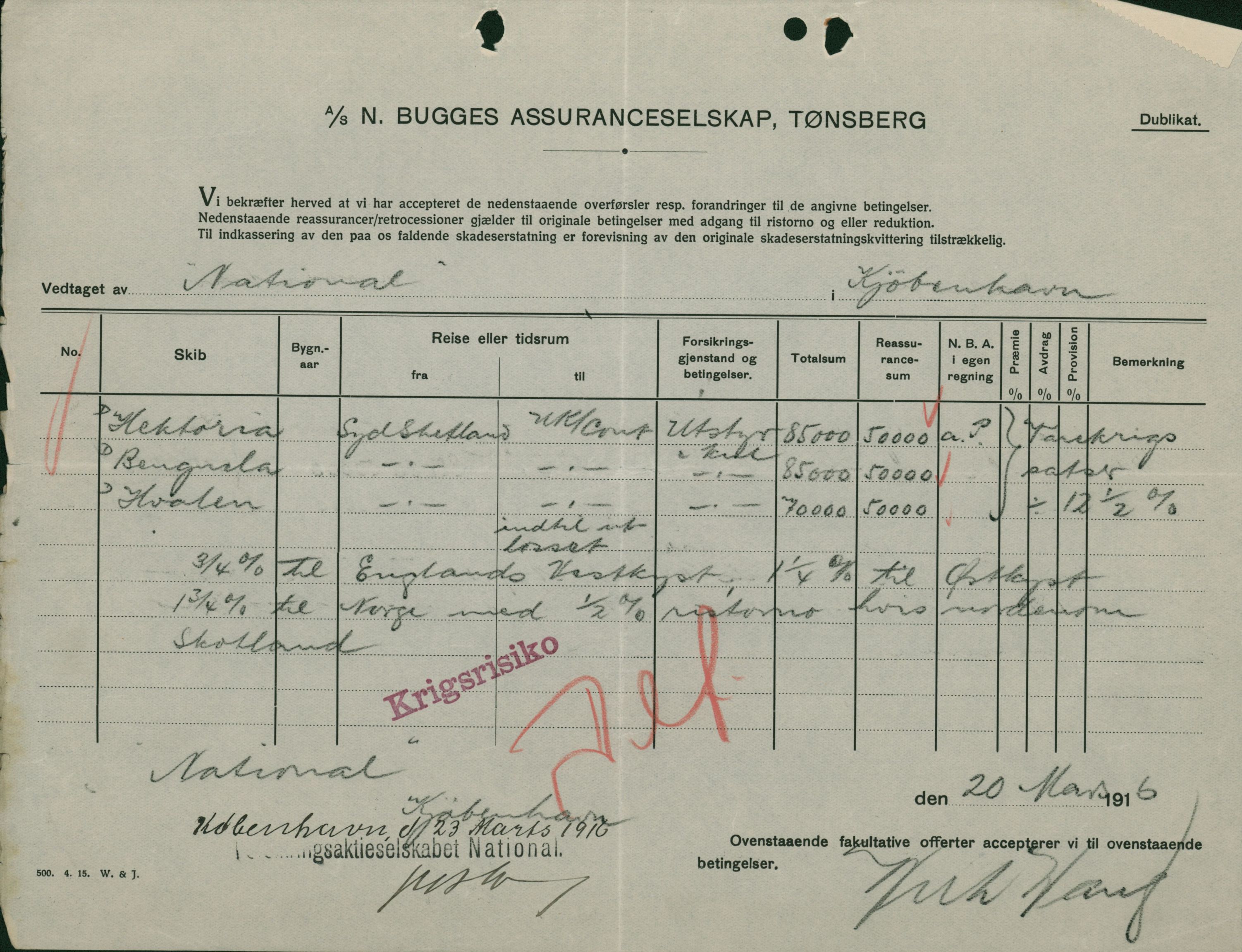 Pa 664 - Tønsberg Sjøforsikringsselskap, VEMU/A-1773/F/L0001: Forsikringspoliser, 1915-1918