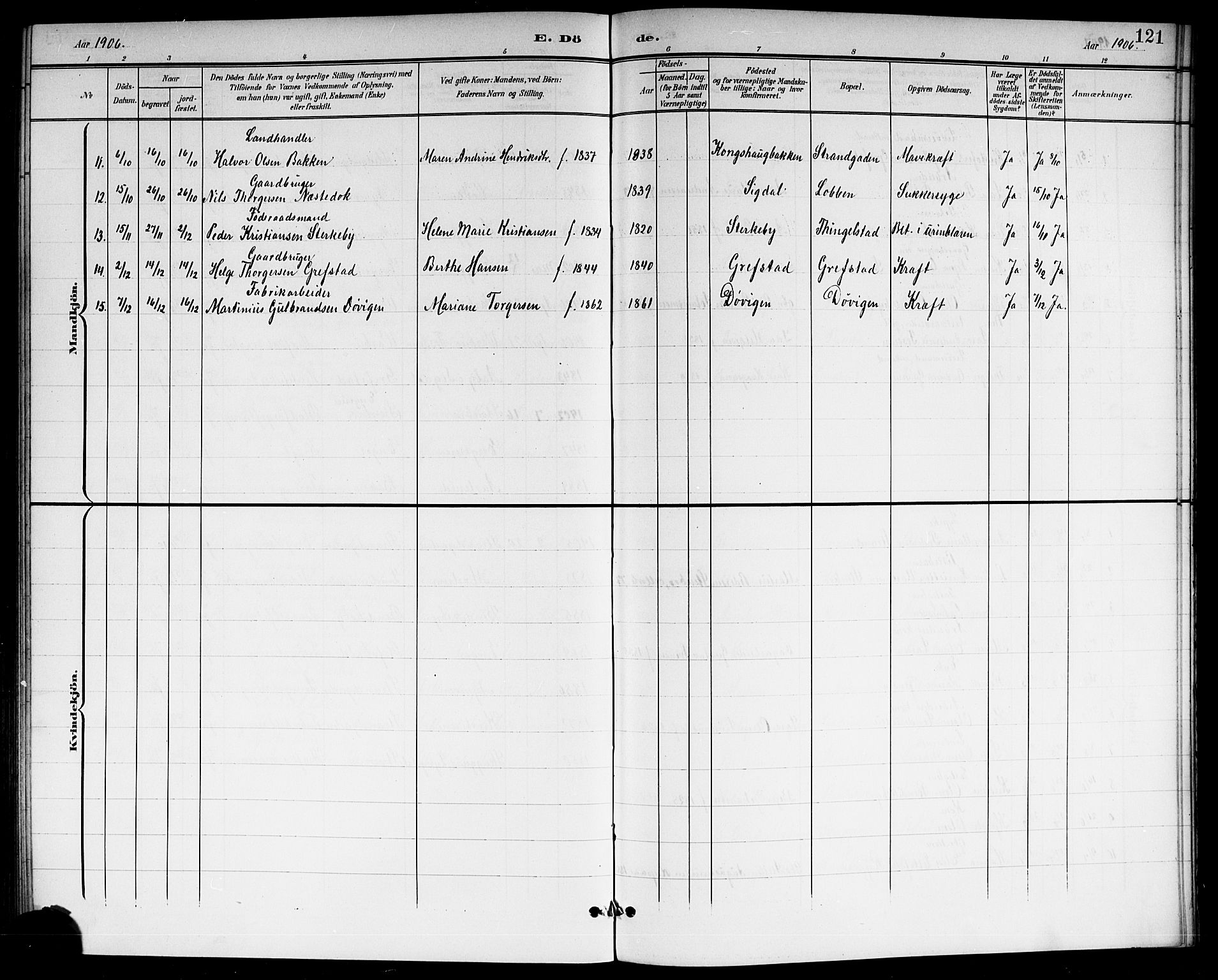 Modum kirkebøker, AV/SAKO-A-234/G/Gc/L0001: Klokkerbok nr. III 1, 1901-1919, s. 121