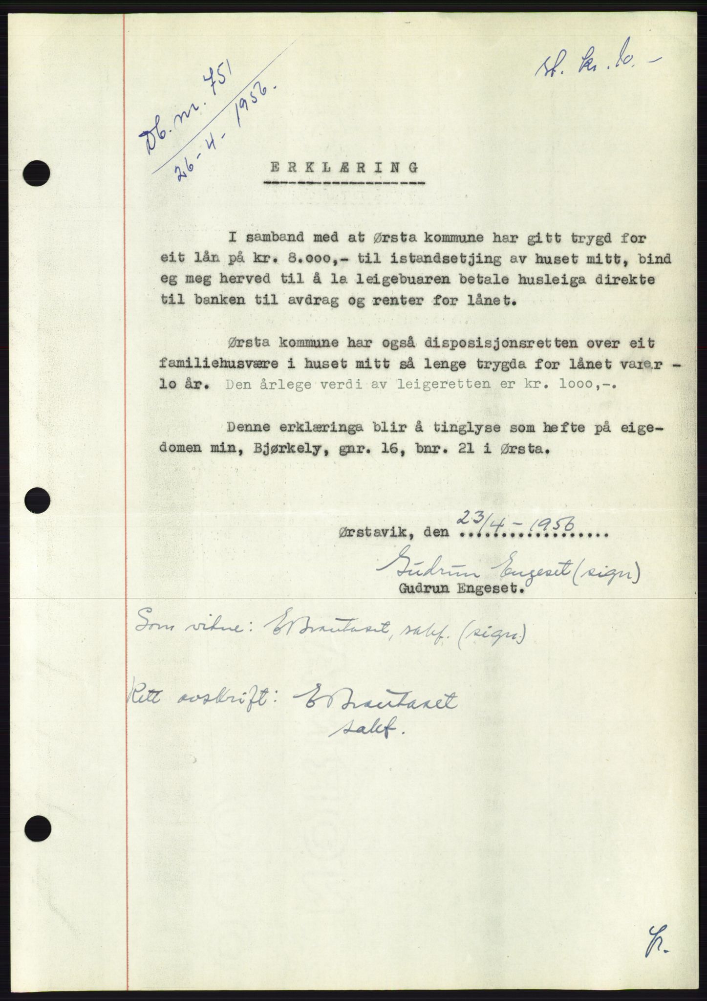 Søre Sunnmøre sorenskriveri, SAT/A-4122/1/2/2C/L0128: Pantebok nr. 16B, 1956-1956, Dagboknr: 751/1956
