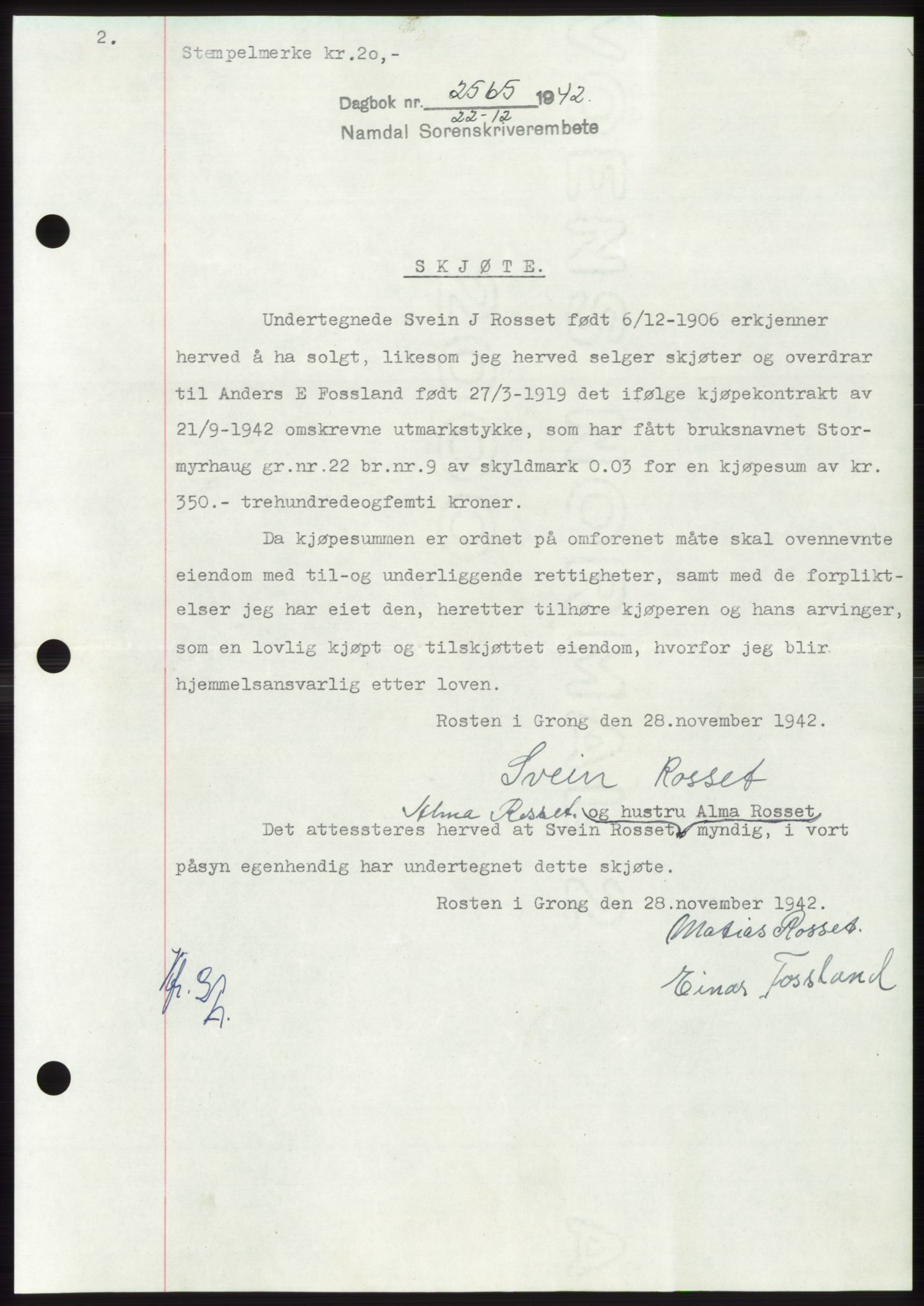 Namdal sorenskriveri, SAT/A-4133/1/2/2C: Pantebok nr. -, 1942-1943, Dagboknr: 2565/1942