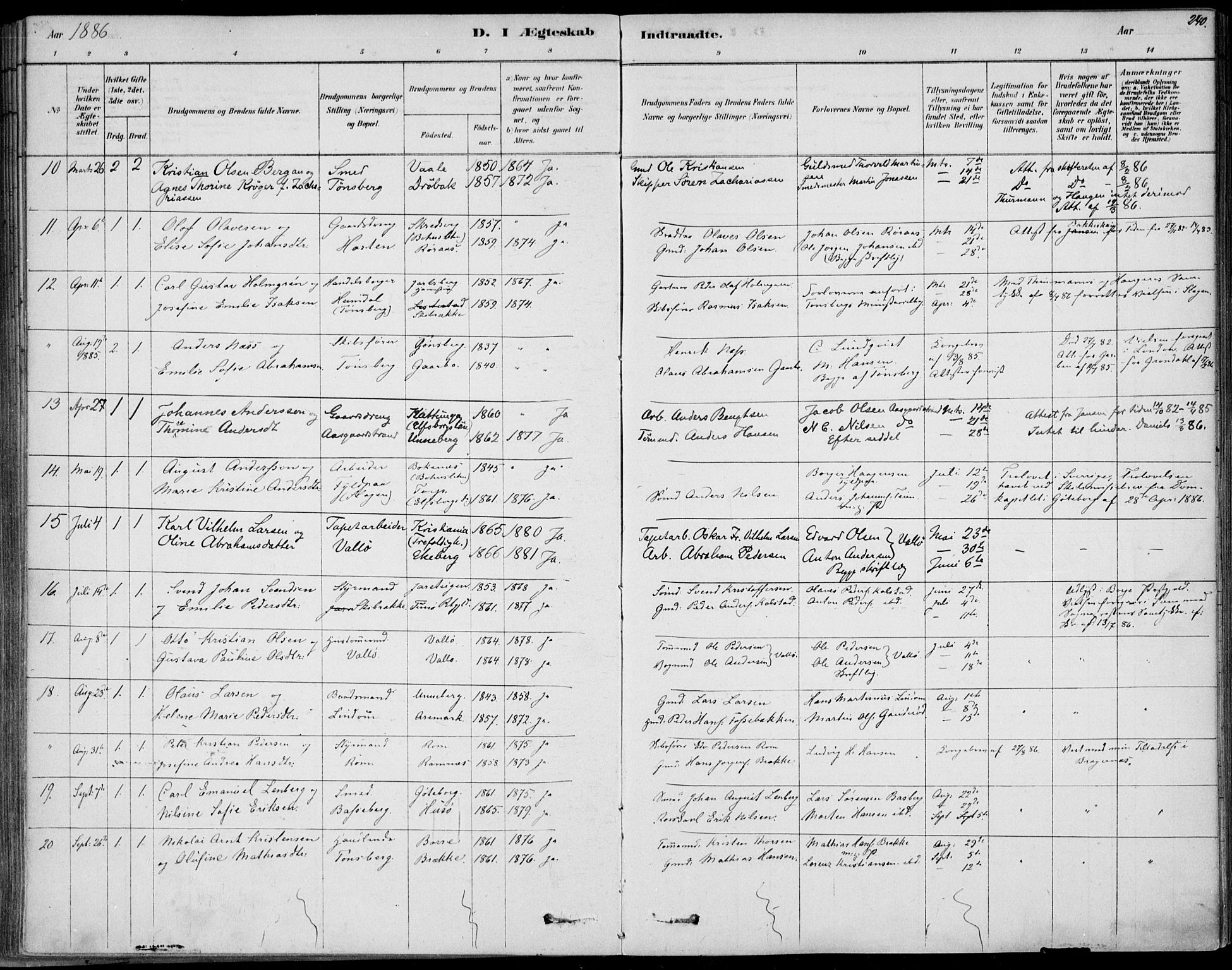 Sem kirkebøker, AV/SAKO-A-5/F/Fb/L0004: Ministerialbok nr. II 4, 1878-1891, s. 240