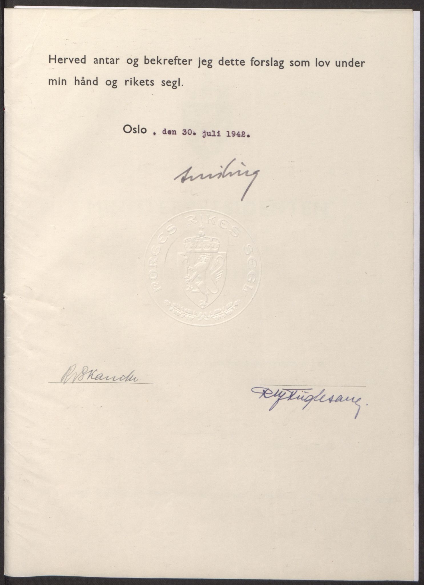 NS-administrasjonen 1940-1945 (Statsrådsekretariatet, de kommisariske statsråder mm), RA/S-4279/D/Db/L0098: Lover II, 1942, s. 247