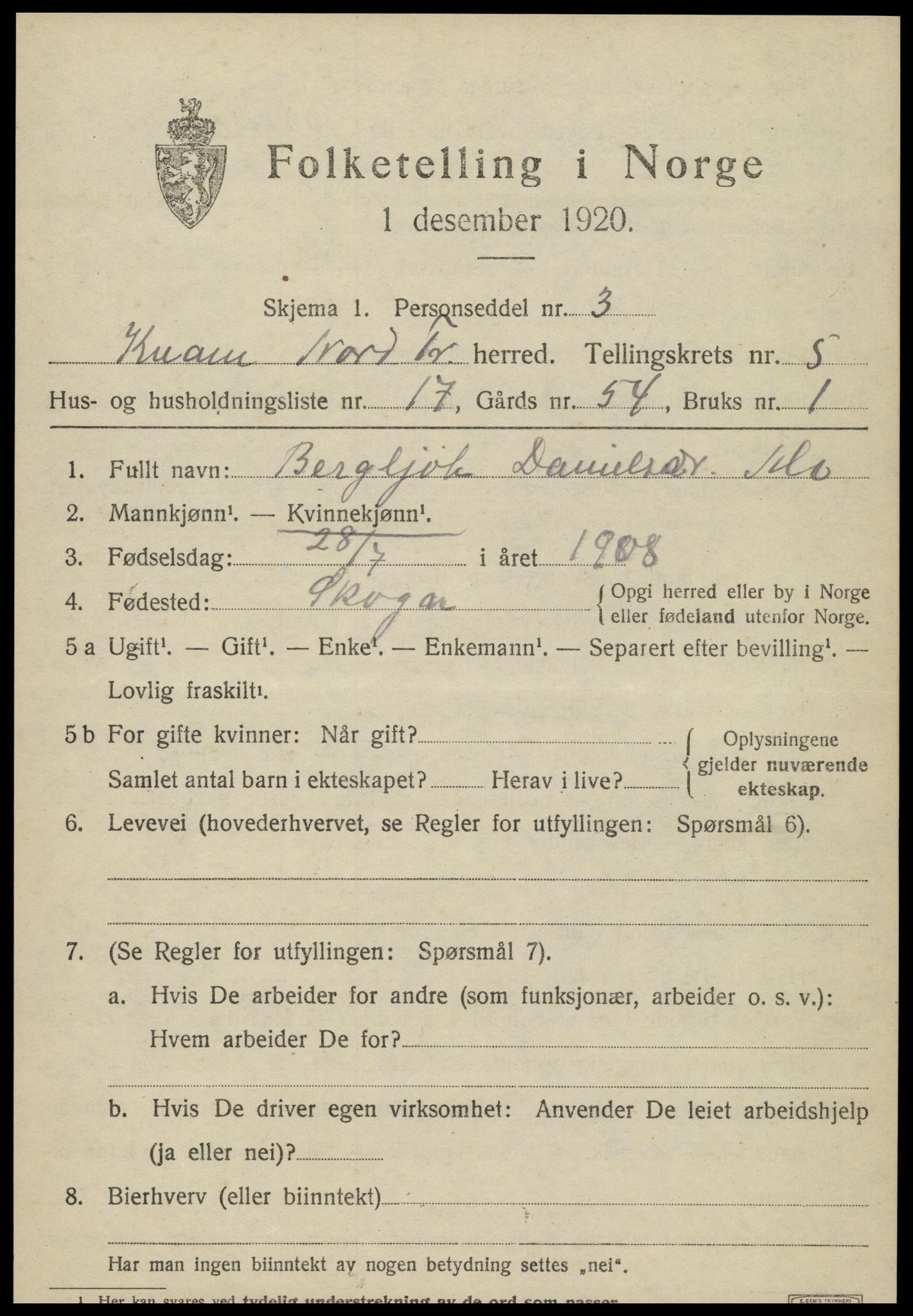 SAT, Folketelling 1920 for 1735 Kvam herred, 1920, s. 1569