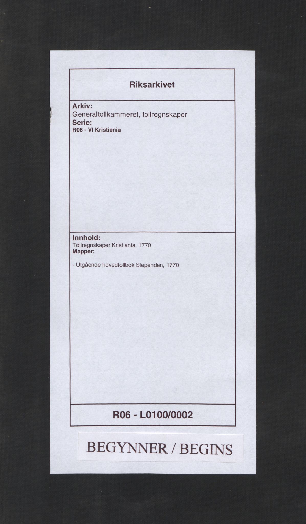 Generaltollkammeret, tollregnskaper, AV/RA-EA-5490/R06/L0100/0002: Tollregnskaper Kristiania / Utgående hovedtollbok Slependen, 1770