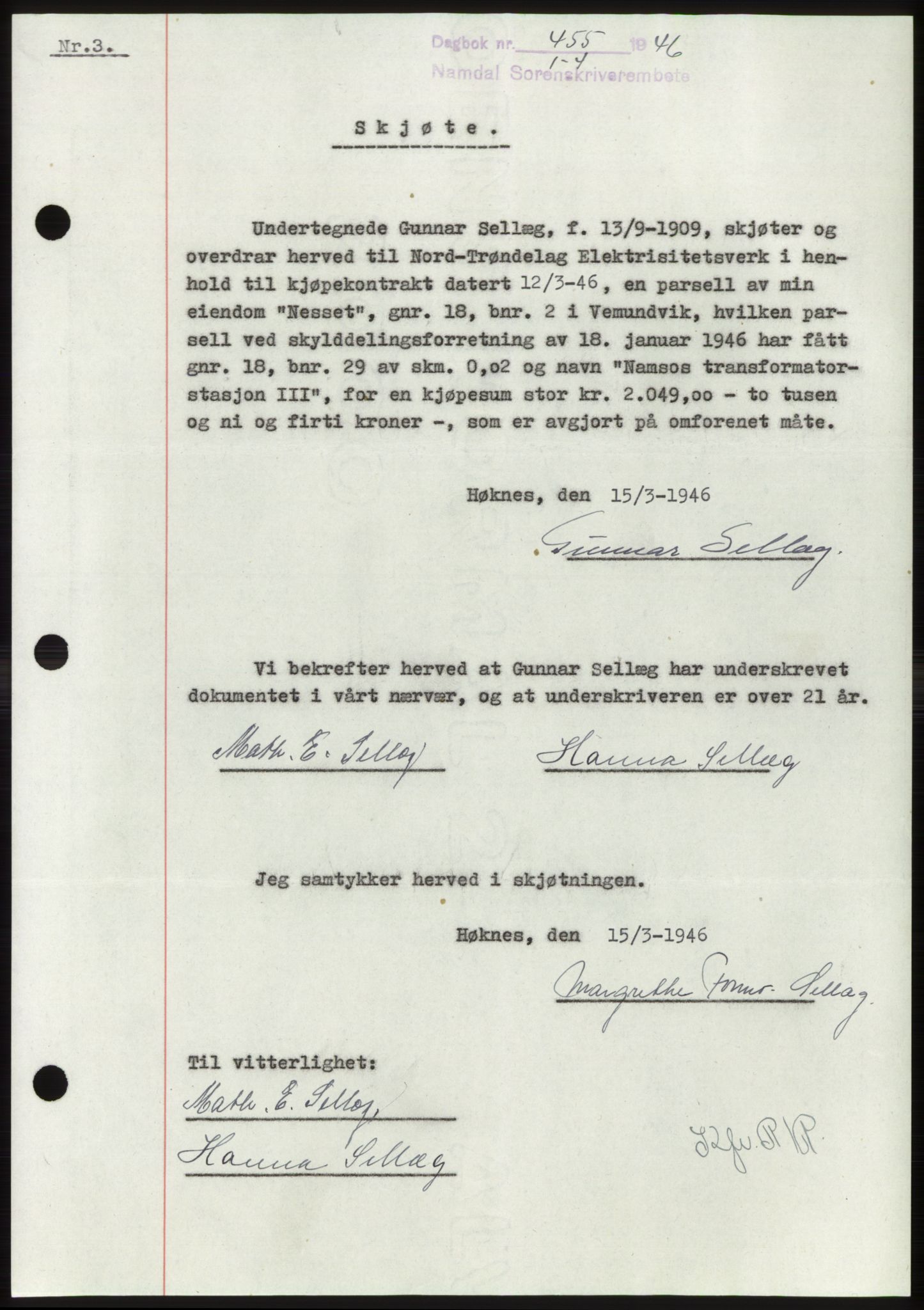 Namdal sorenskriveri, SAT/A-4133/1/2/2C: Pantebok nr. -, 1946-1946, Dagboknr: 455/1946