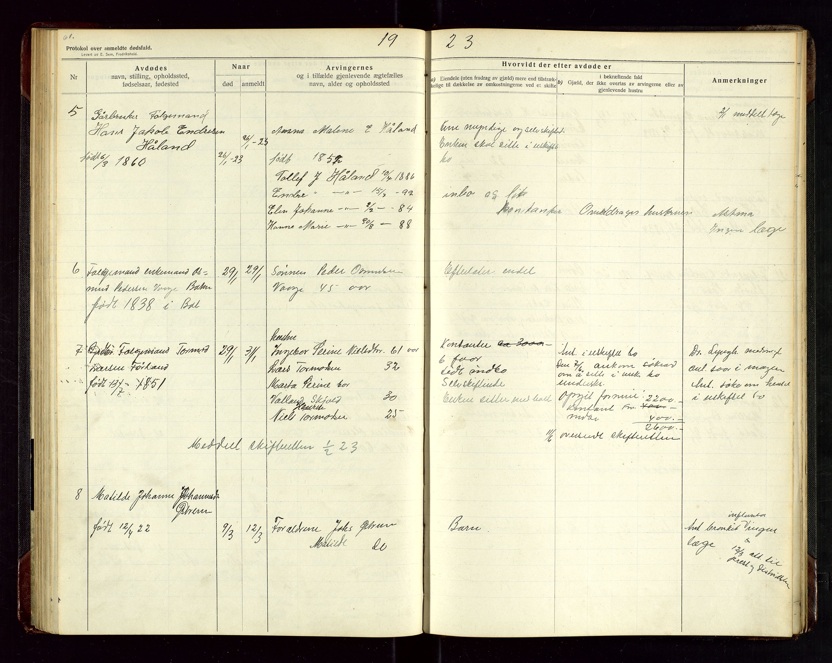 Tysvær lensmannskontor, AV/SAST-A-100192/Gga/L0003: "Protokol over anmeldte dødsfald i Tysvær" med register, 1916-1926, s. 61