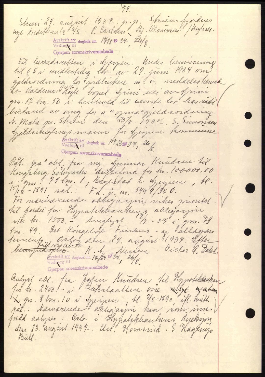 Gjerpen sorenskriveri, AV/SAKO-A-216/G/Ga/Gag/L0001: Pantebok nr. C-66 - C-70, 1936-1938, Dagboknr: 1718/1937