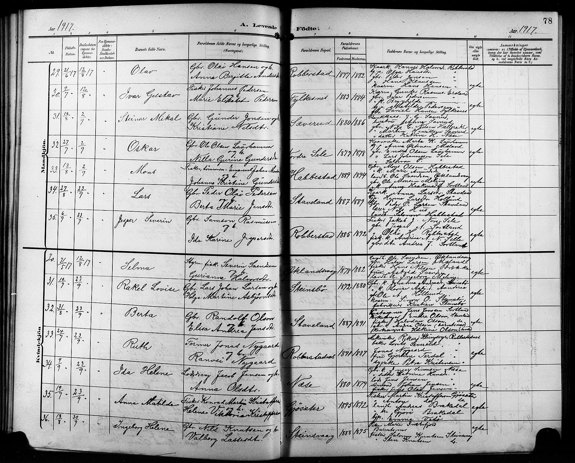 Finnås sokneprestembete, AV/SAB-A-99925/H/Ha/Hab/Habb/L0005: Klokkerbok nr. B 5, 1907-1920, s. 78