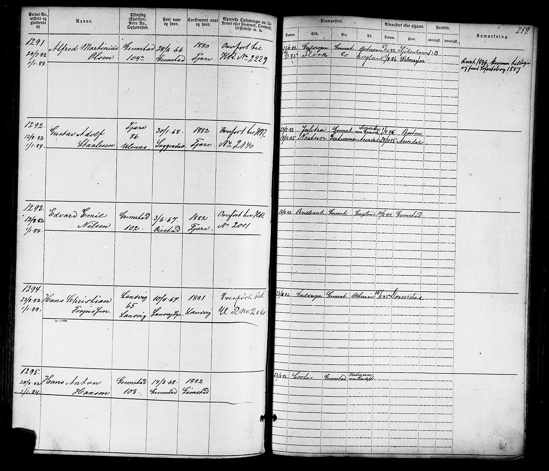 Grimstad mønstringskrets, AV/SAK-2031-0013/F/Fa/L0005: Annotasjonsrulle nr 1-1910 med register, V-18, 1870-1892, s. 293