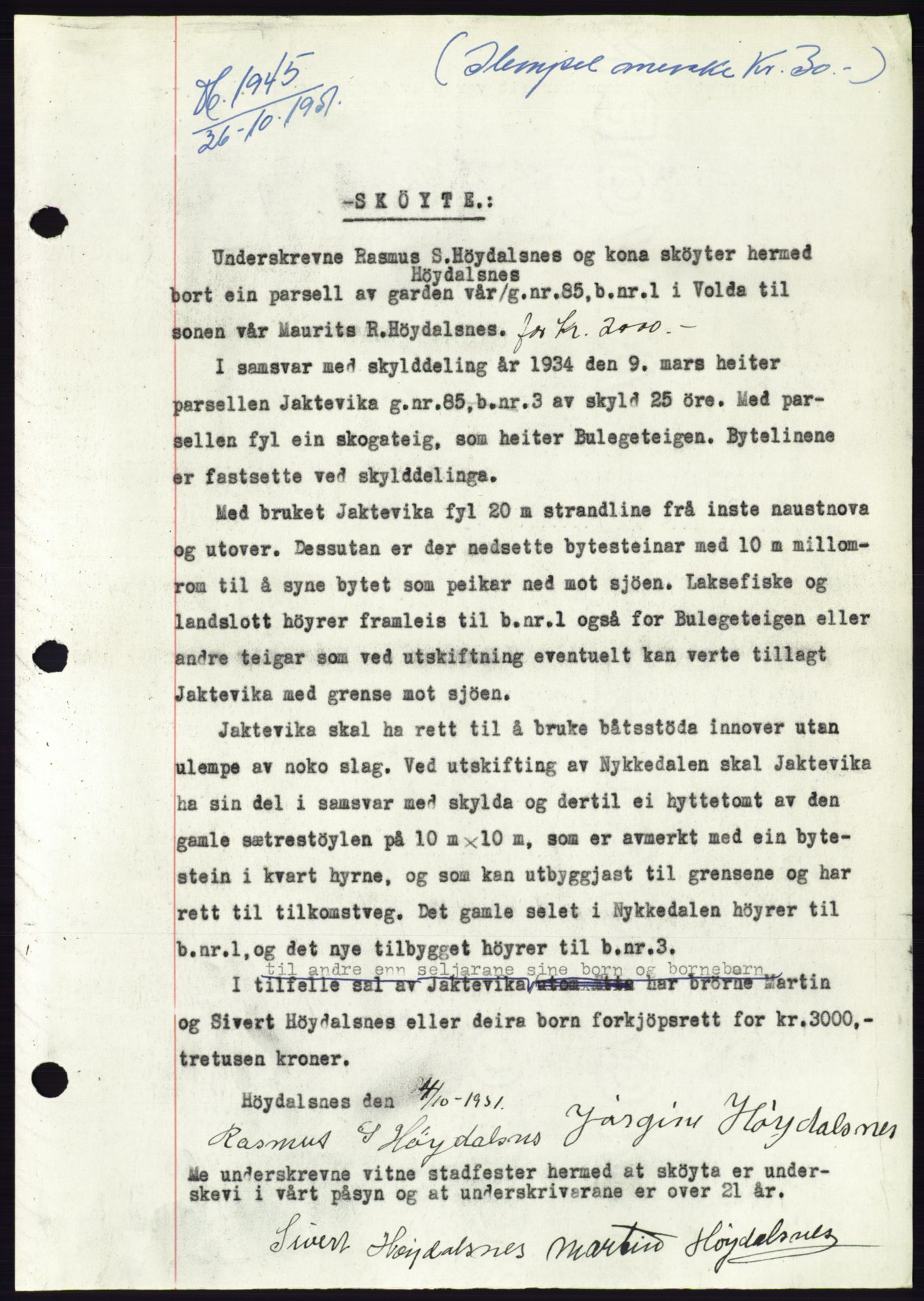 Søre Sunnmøre sorenskriveri, AV/SAT-A-4122/1/2/2C/L0090: Pantebok nr. 16A, 1951-1951, Dagboknr: 1945/1951