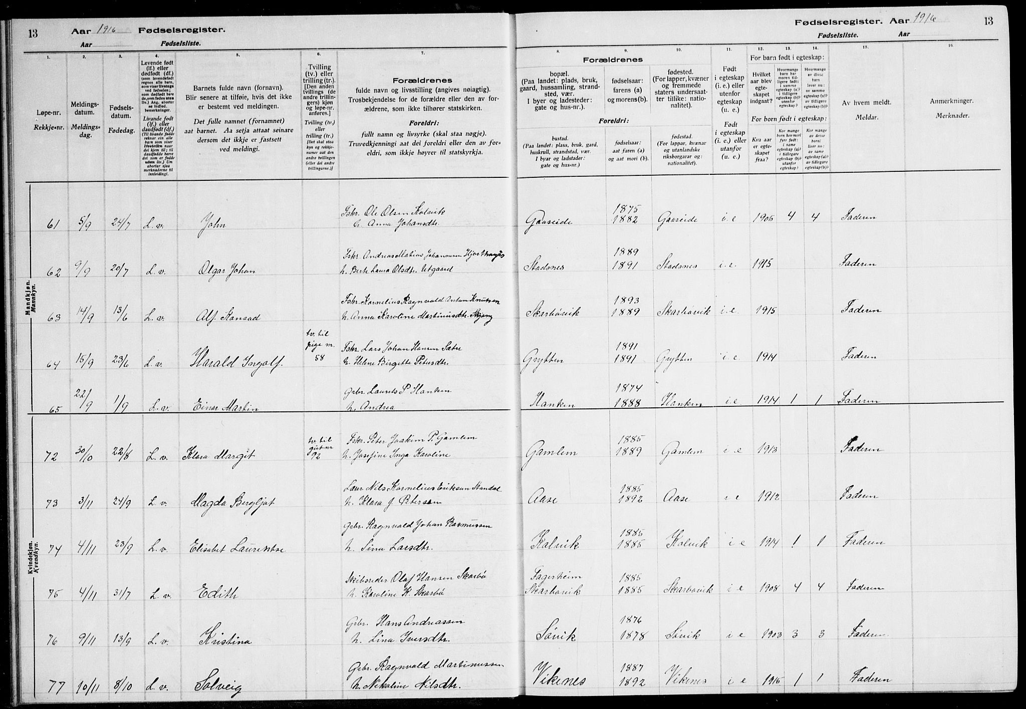 Ministerialprotokoller, klokkerbøker og fødselsregistre - Møre og Romsdal, AV/SAT-A-1454/528/L0442: Fødselsregister nr. 528.II.4.1, 1916-1924, s. 13