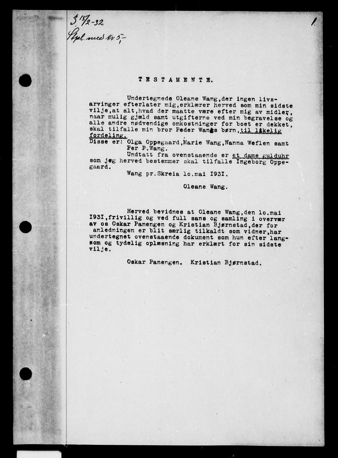 Toten tingrett, AV/SAH-TING-006/H/Hb/Hba/L0045: Pantebok nr. 45, 1932-1932, s. 1
