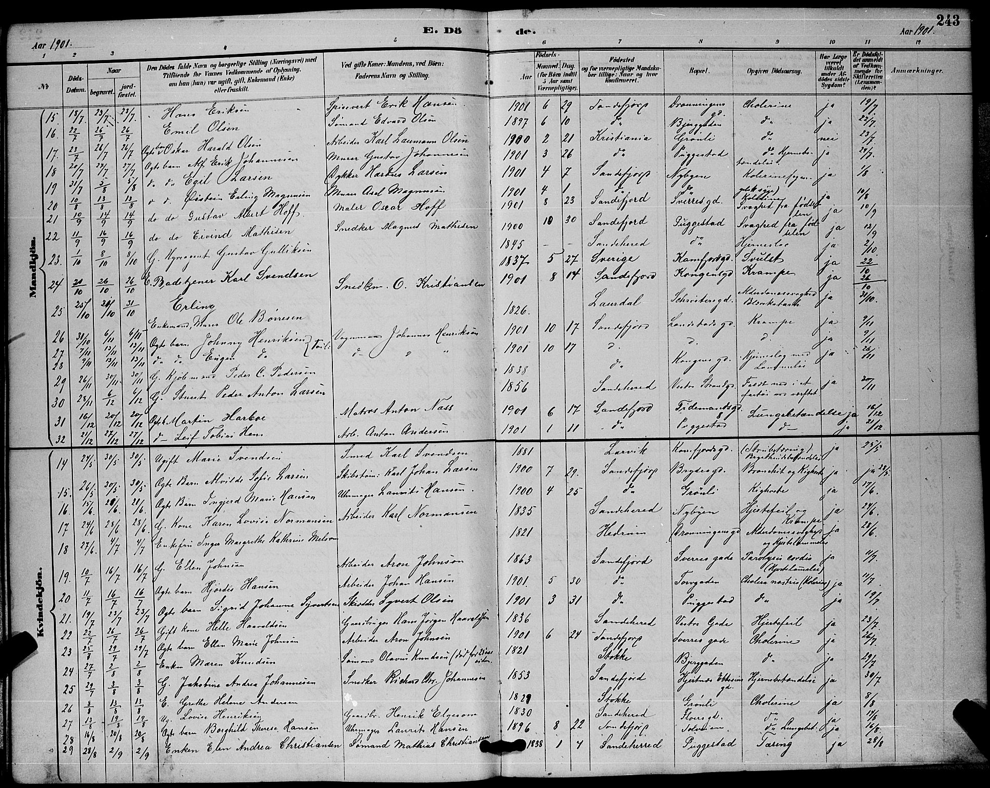 Sandefjord kirkebøker, AV/SAKO-A-315/G/Ga/L0001: Klokkerbok nr. 1, 1885-1903, s. 243